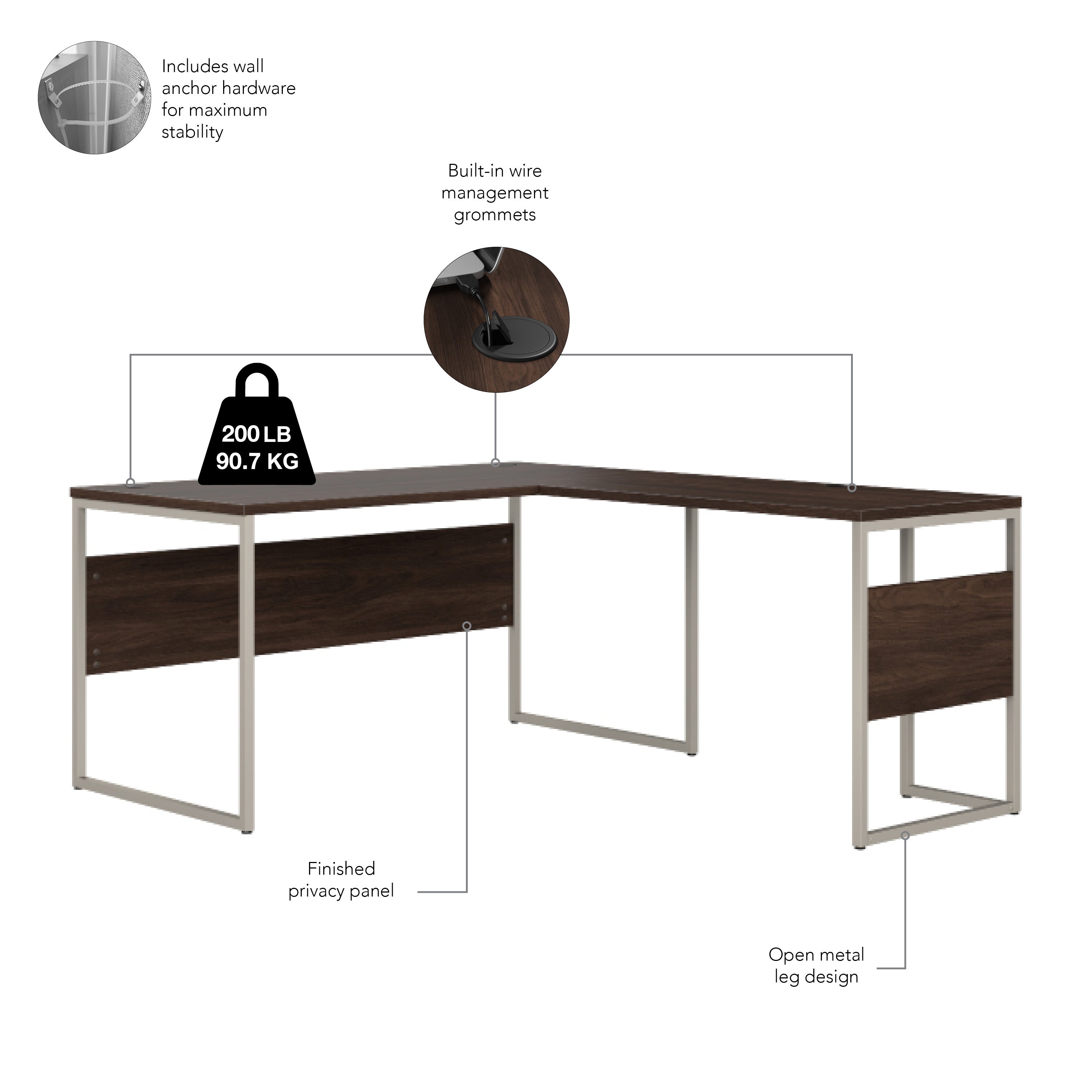 Bush Business Furniture Hybrid 60W x 30D L Shaped Table Desk with Metal Legs in Black Walnut - 59.45" Width x 71.34" Depth x 29.91" Height
