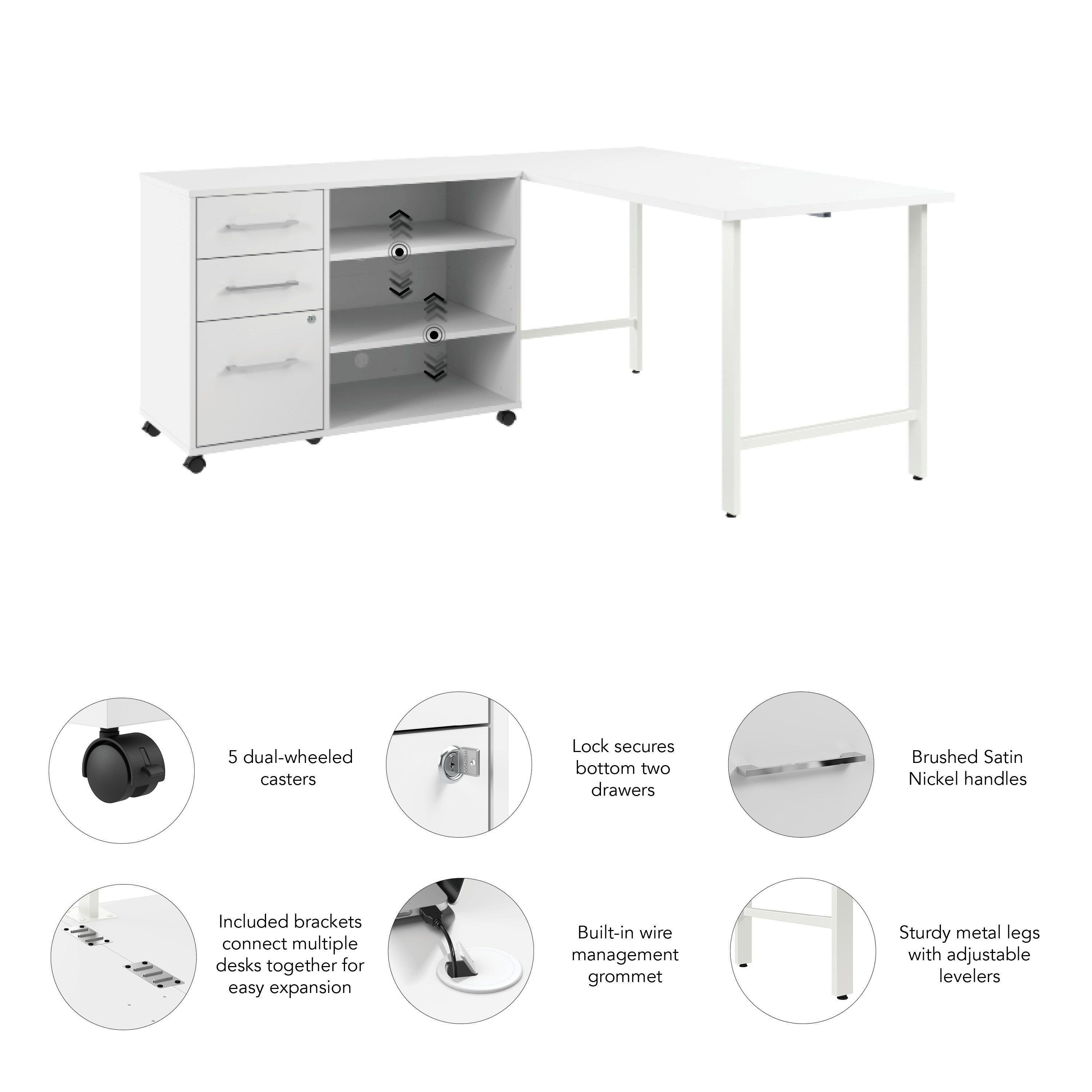 Bush Business Furniture Hustle 60W x 30D Computer Desk and Storage Cabinet with Drawers and Shelves in White - 59.44" Width x 29.37" Depth x 30.07" Height