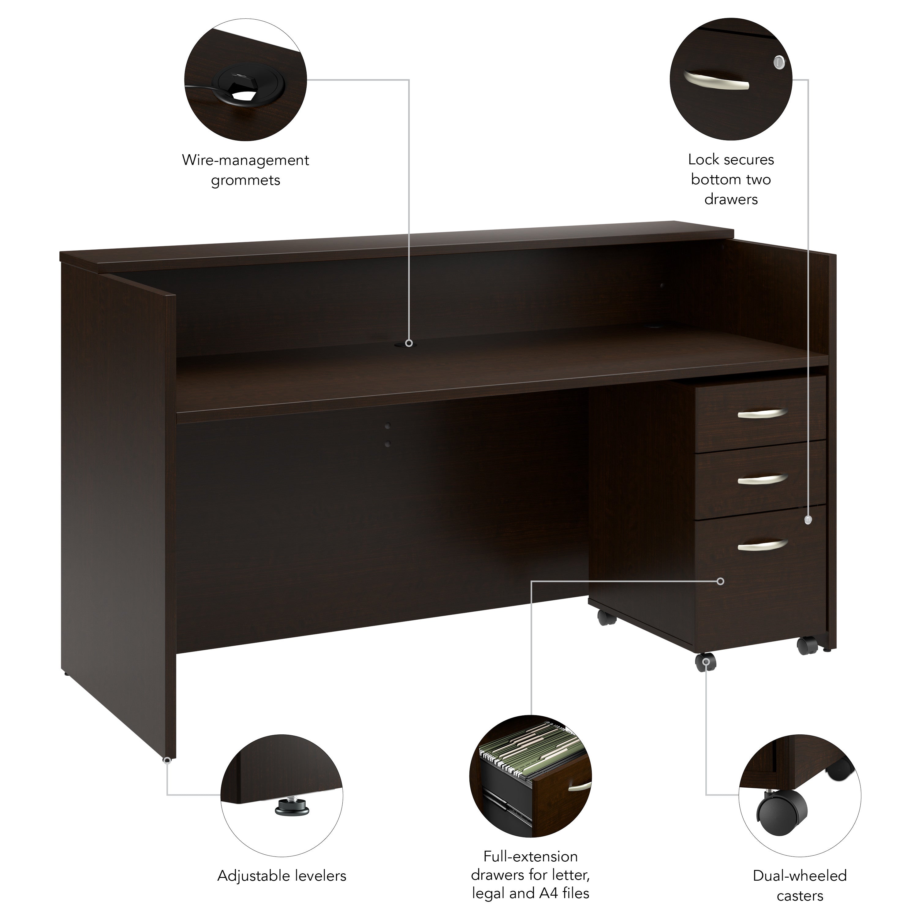 Bush Business Furniture Arrive 72W x 30D Reception Desk with Shelf and Mobile File Cabinet in Mocha Cherry - 71.02" Width x 29.49" Depth x 40.35" Height