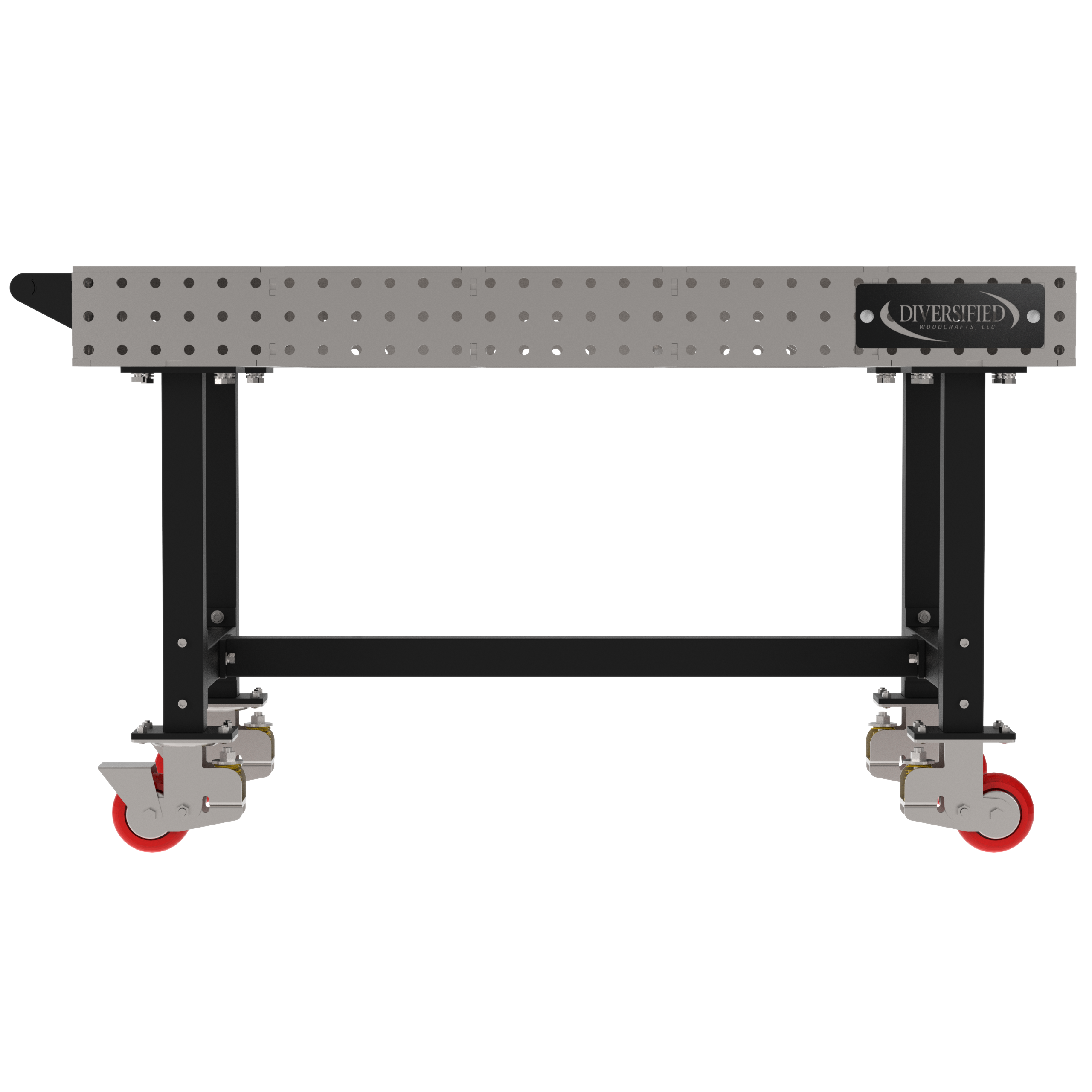 Welding Fixture Table, Fixed Height, 36"H x 60"L x 36"D, 1/4" Carbon Steel Top, Four Black Powdercoat Legs, Handle, 4 Heavy Duty Suspension Casters (2 Locking/Swiveling Casters and 2 Non-Locking/Non-SwivelingCasters)