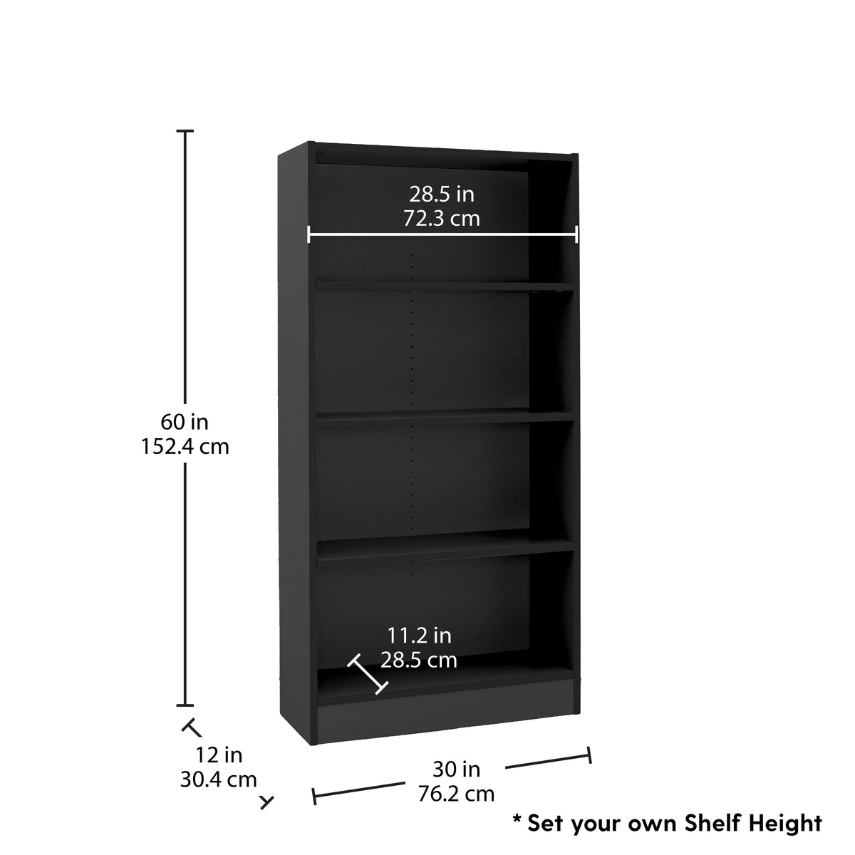 Laminate 4-Shelf Bookcase 60" Height - Black