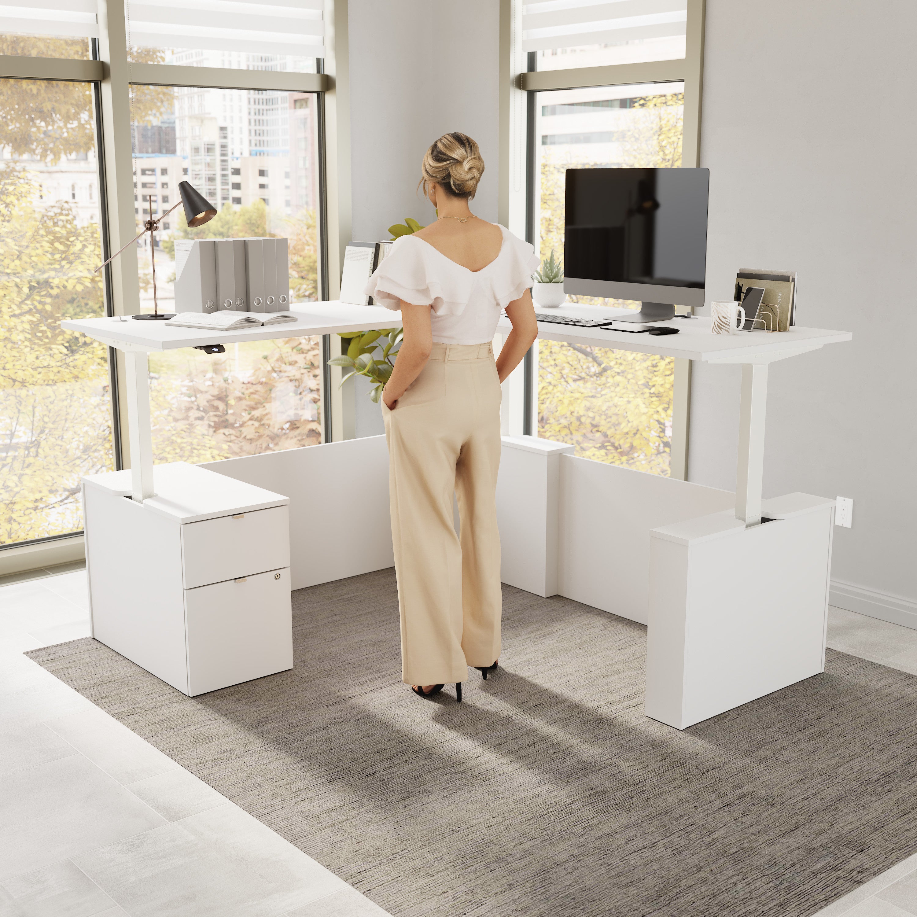 Bush Business Furniture Stratus&nbsp;72W x&nbsp;78D Height Adjustable L Shaped Standing Desk with File Cabinet in White with White Base - 71.02" Width x 76.97" Depth x 27.44" Height