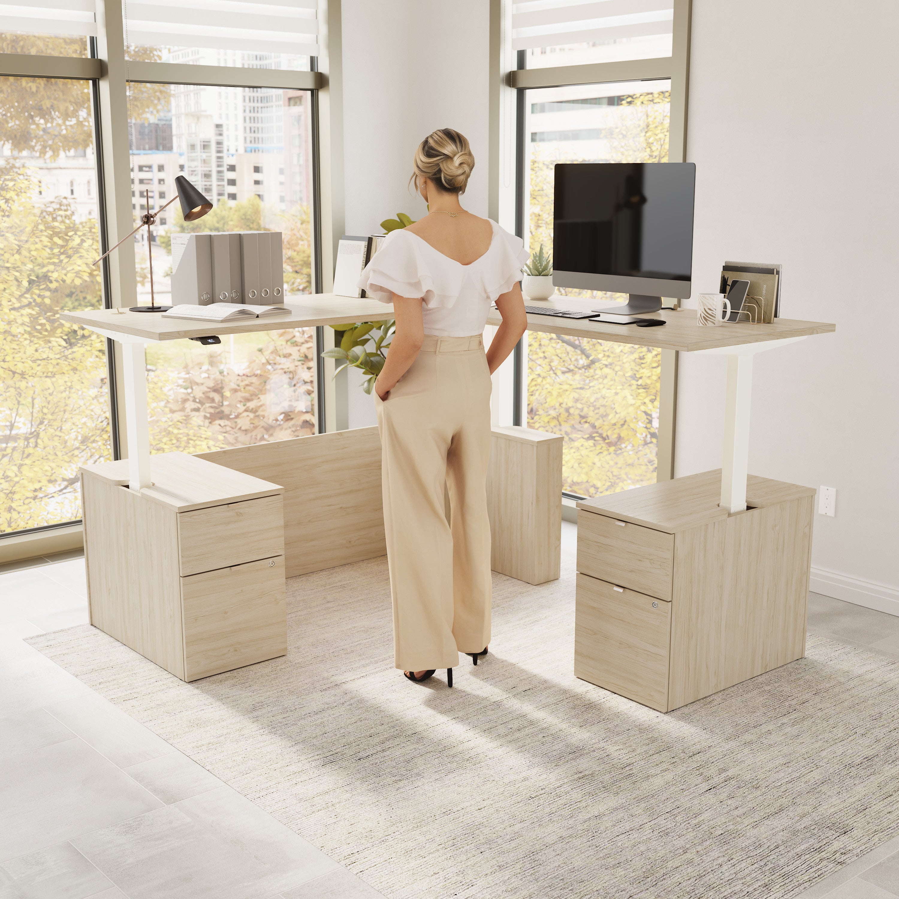 Bush Business Furniture Stratus&nbsp;72W x&nbsp;78D Height Adjustable L Shaped Standing Desk with Drawers in Natural Elm with White Base - 71.02" Width x 76.97" Depth x 27.44" Height