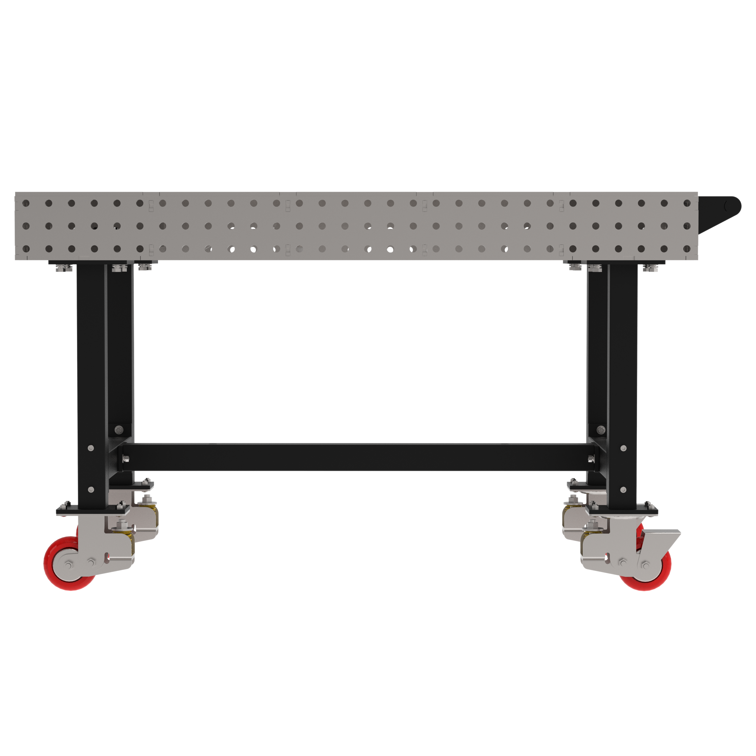 Welding Fixture Table, Fixed Height, 36"H x 60"L x 36"D, 1/4" Carbon Steel Top, Four Black Powdercoat Legs, Handle, 4 Heavy Duty Suspension Casters (2 Locking/Swiveling Casters and 2 Non-Locking/Non-SwivelingCasters)