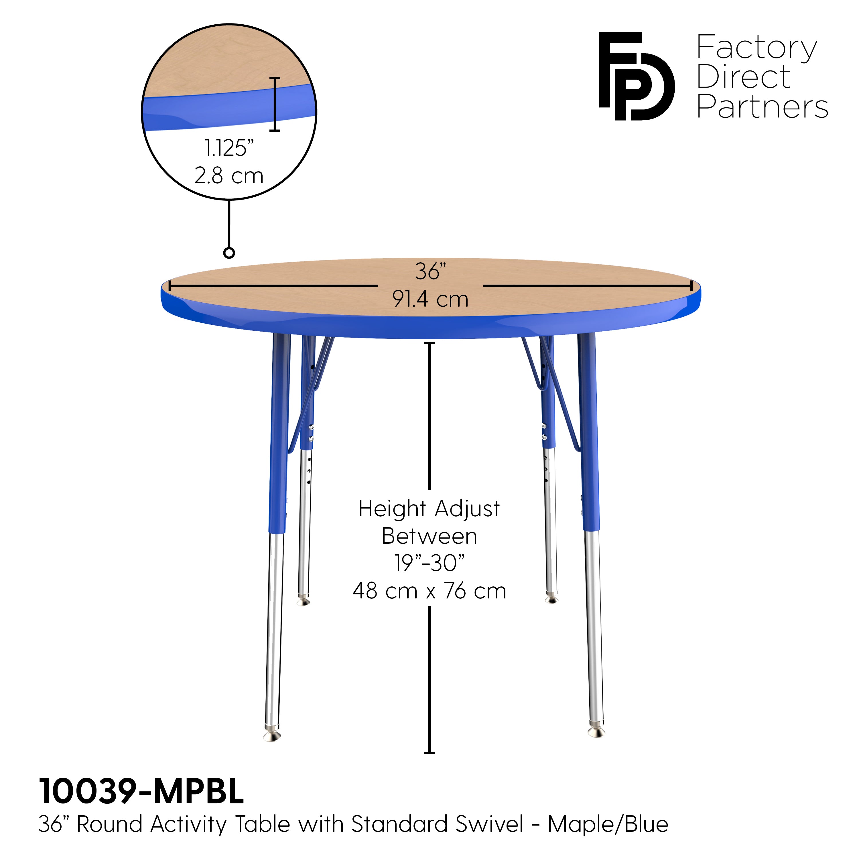 36" Round T-Molding Activity Table with Adjustable Standard Swivel Glide Legs - Maple/Blue