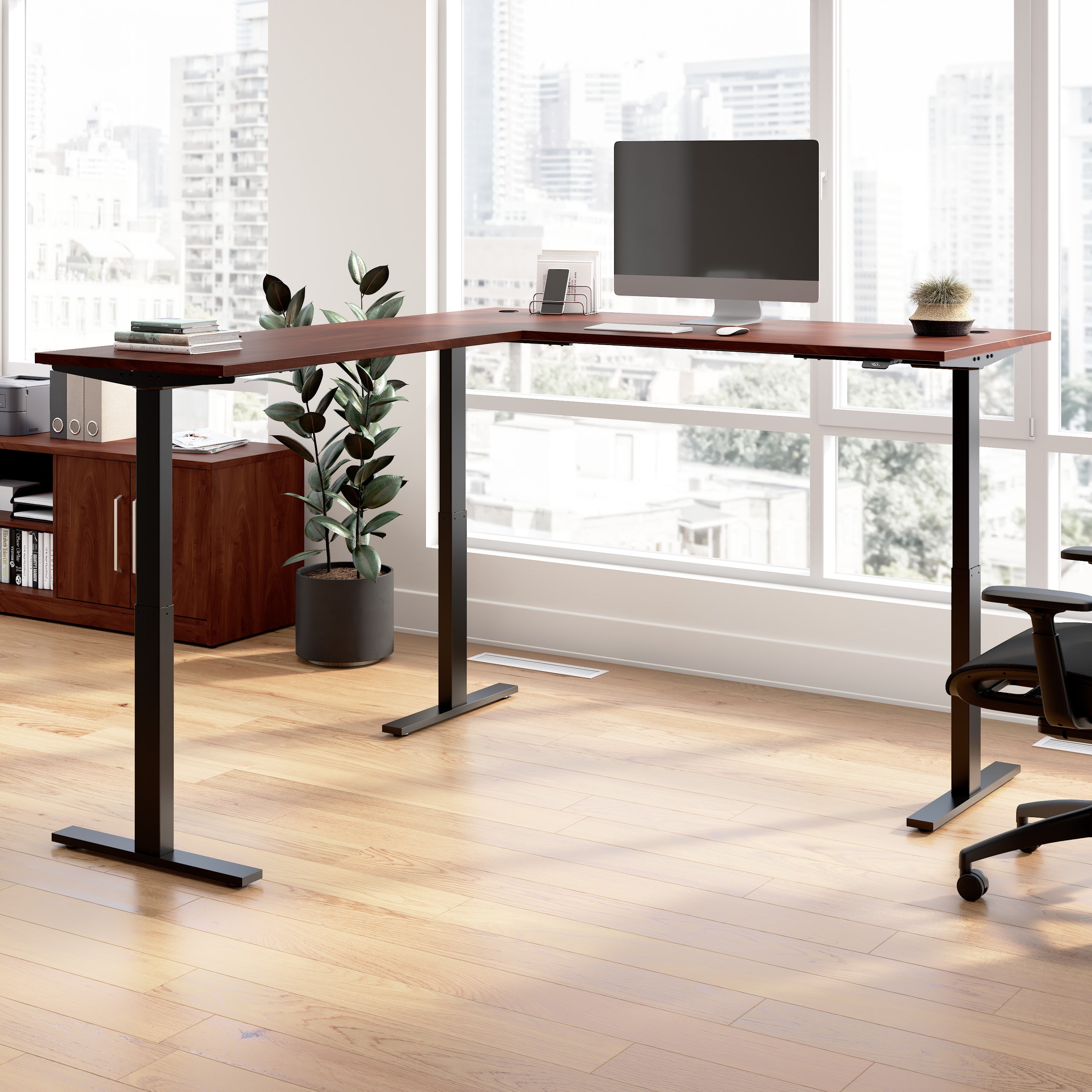 Bush Business Furniture Move 60 Series 72W Height Adjustable L Shaped Standing Desk in Hansen Cherry with Black Base - 71.02" Width x 76.97" Depth x 27.44" Height