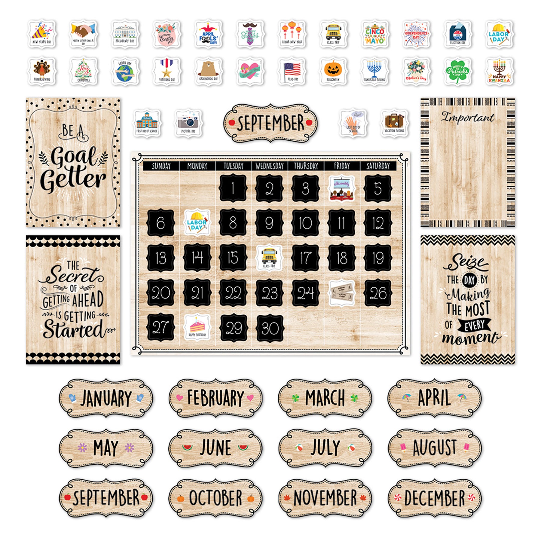 Black, White, and Wood Calendar Set Bulletin Board Set, 87 Pieces