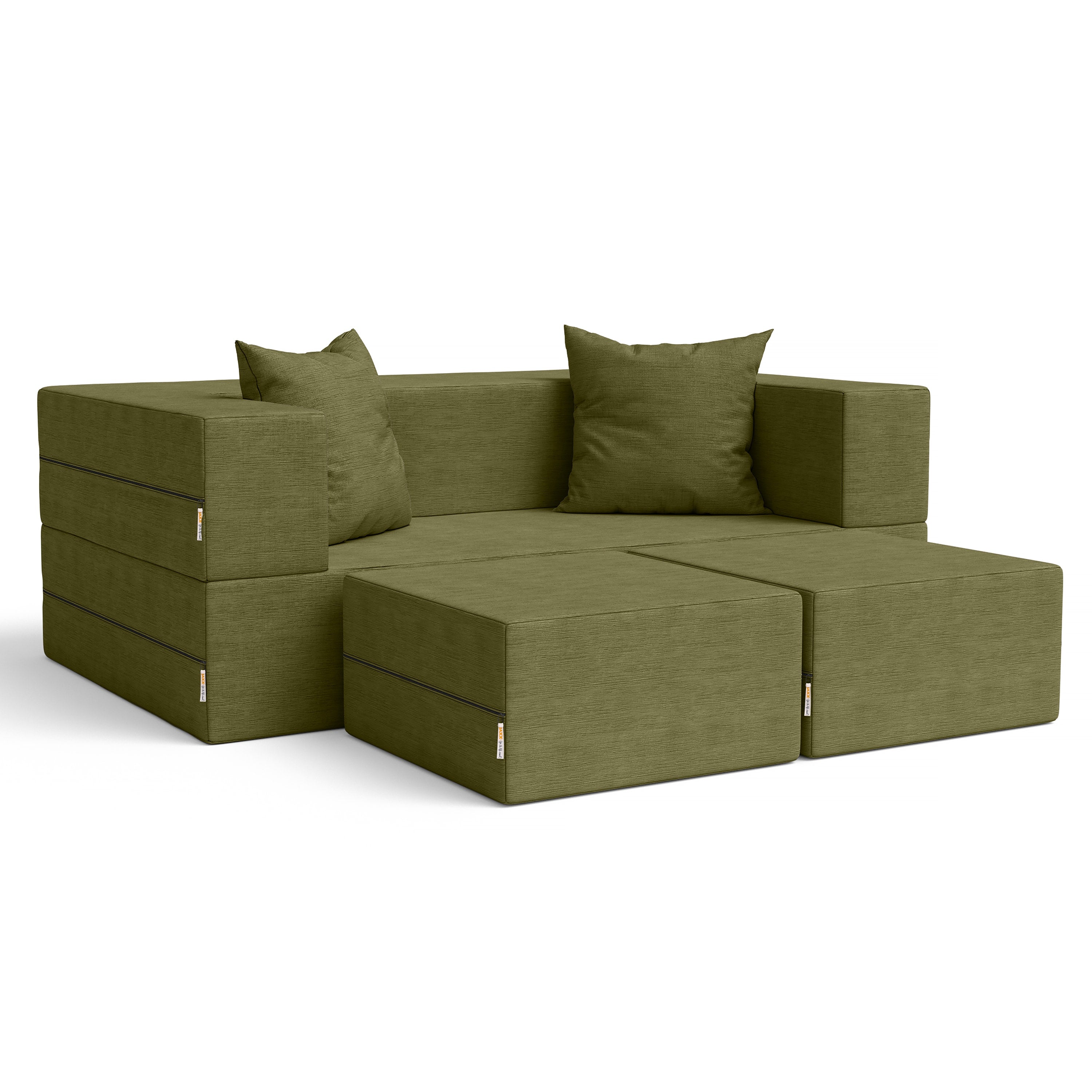 Jaxx Zipline Convertible Sleeper Loveseat & Ottomans, Textured Microvelvet - Moss