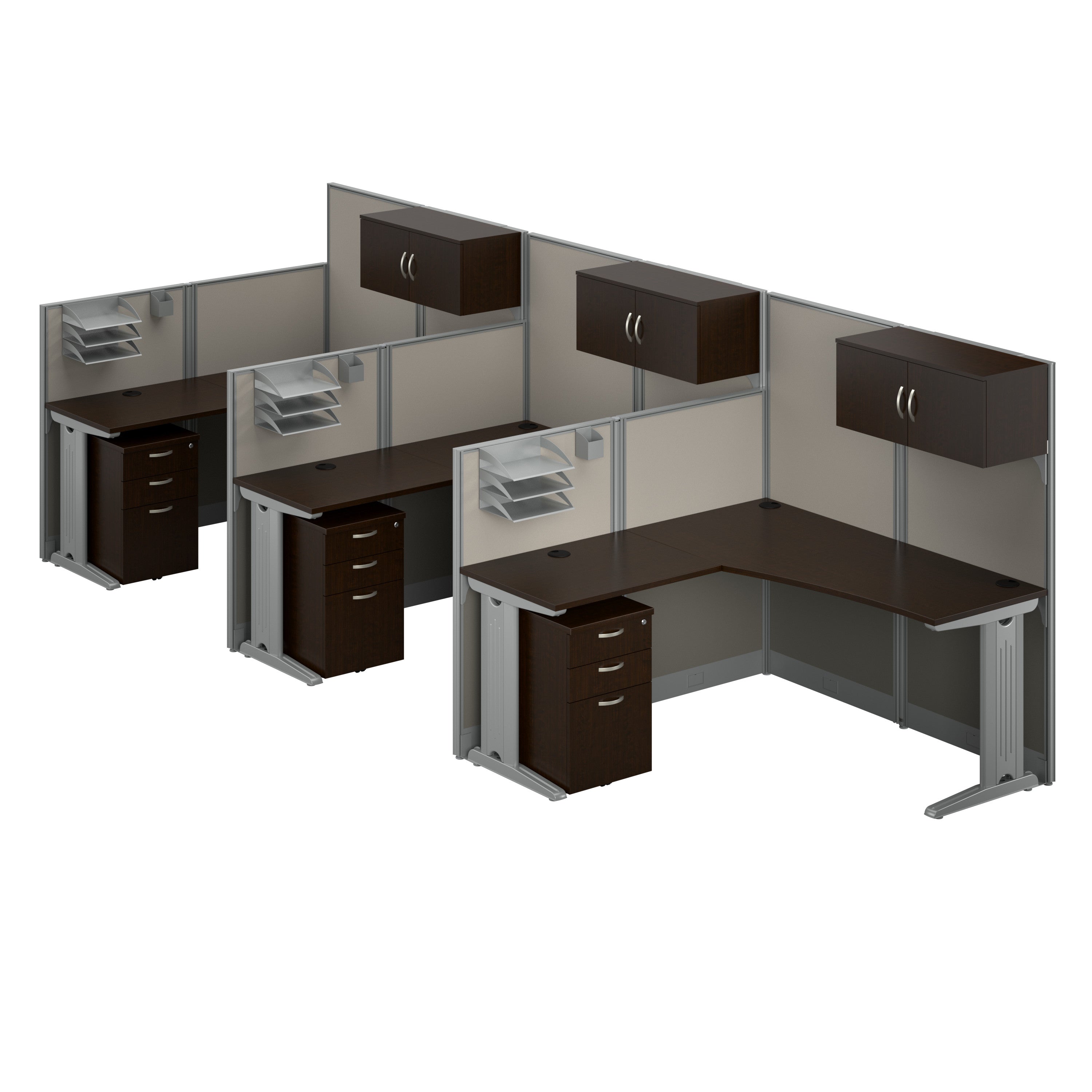 Bush Business Furniture Office in an Hour 3 Person L Shaped Cubicle Desks with Storage, Drawers, and Organizers in Mocha Cherry - 193.47" Width x 64.49" Depth x 62.87" Height