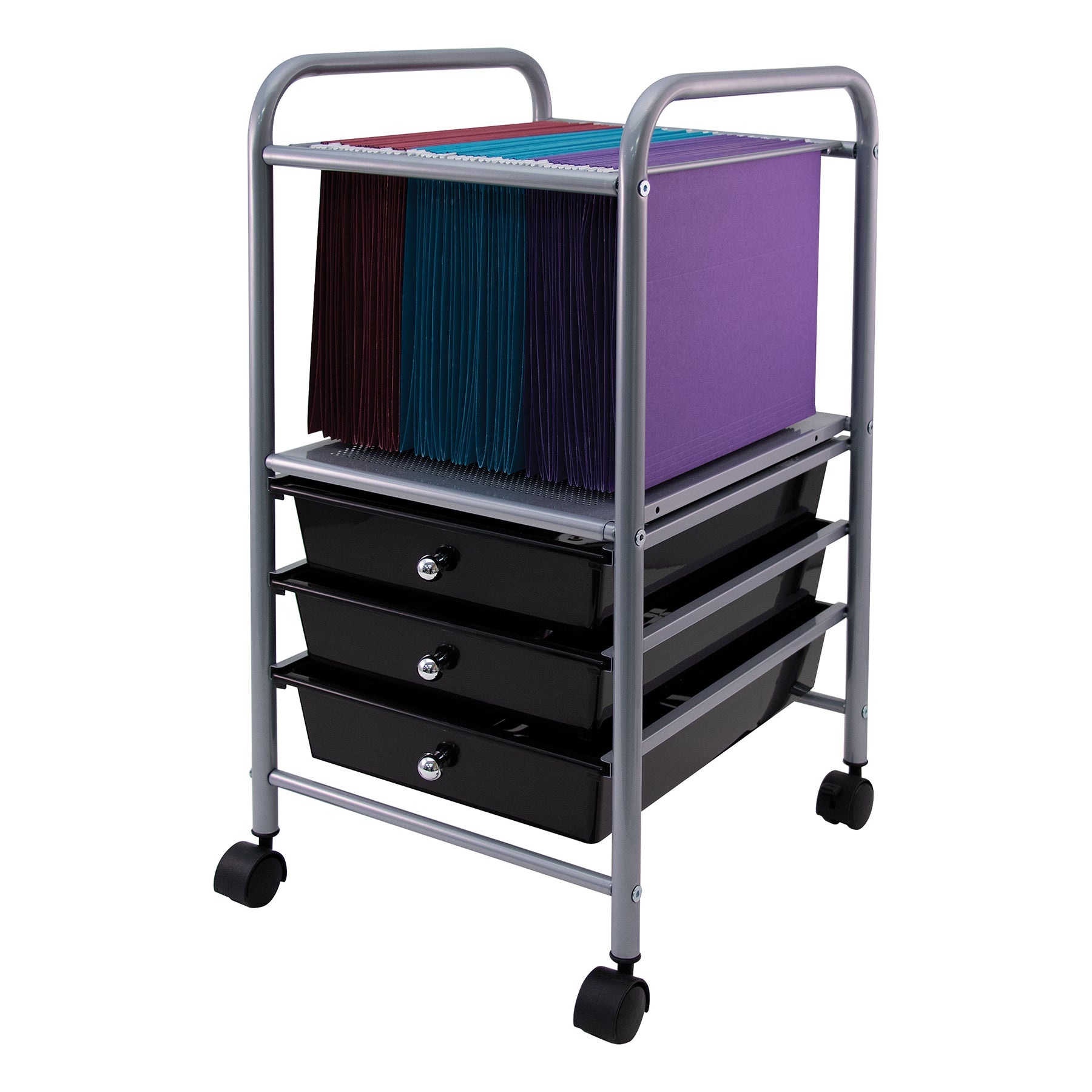 Vertiflex® Slim-Profile Mobile File Cart with 3 Drawers, Black and Silver, Rolling Storage Organizer