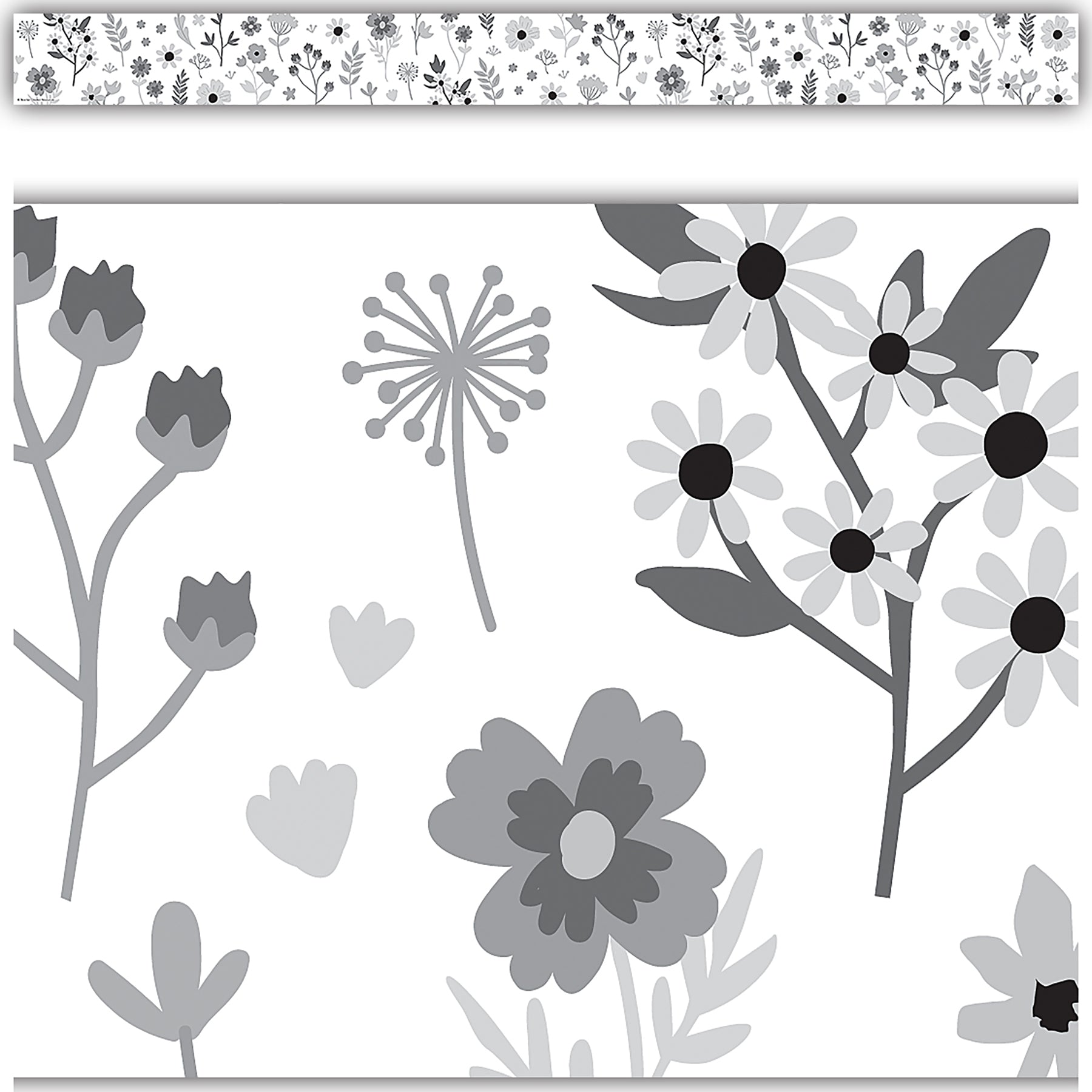 Black and White Floral Straight Border Trim, 35 Feet