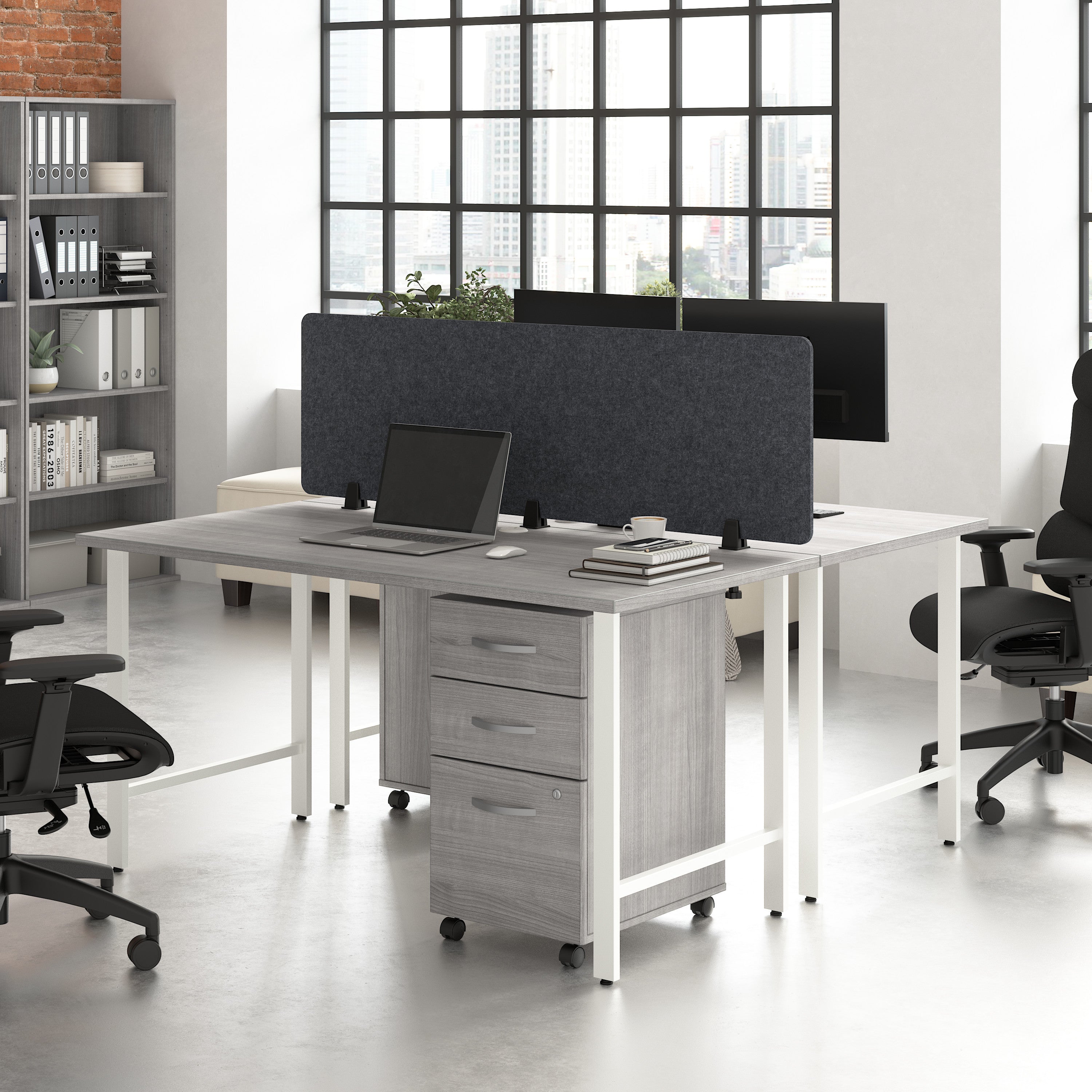 Bush Business Furniture Hustle 2 Person Computer Desk with Mobile File Cabinets, Power Grommets, and Privacy Screen in Platinum Gray - 59.44" Width x 29.37" Depth x 30.07" Height