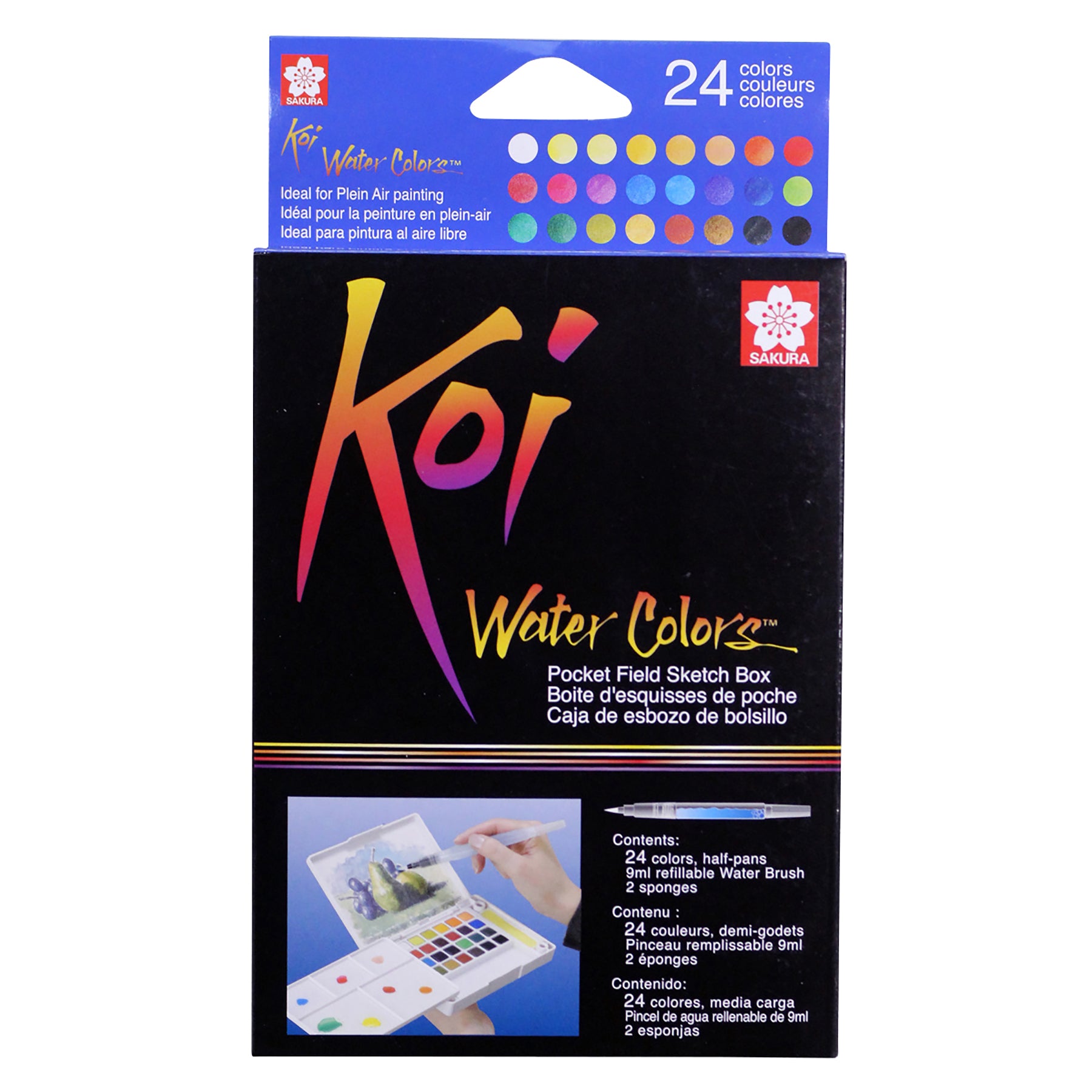 Koi Water Colors Field Sketch Box with Brush, 24 Colors