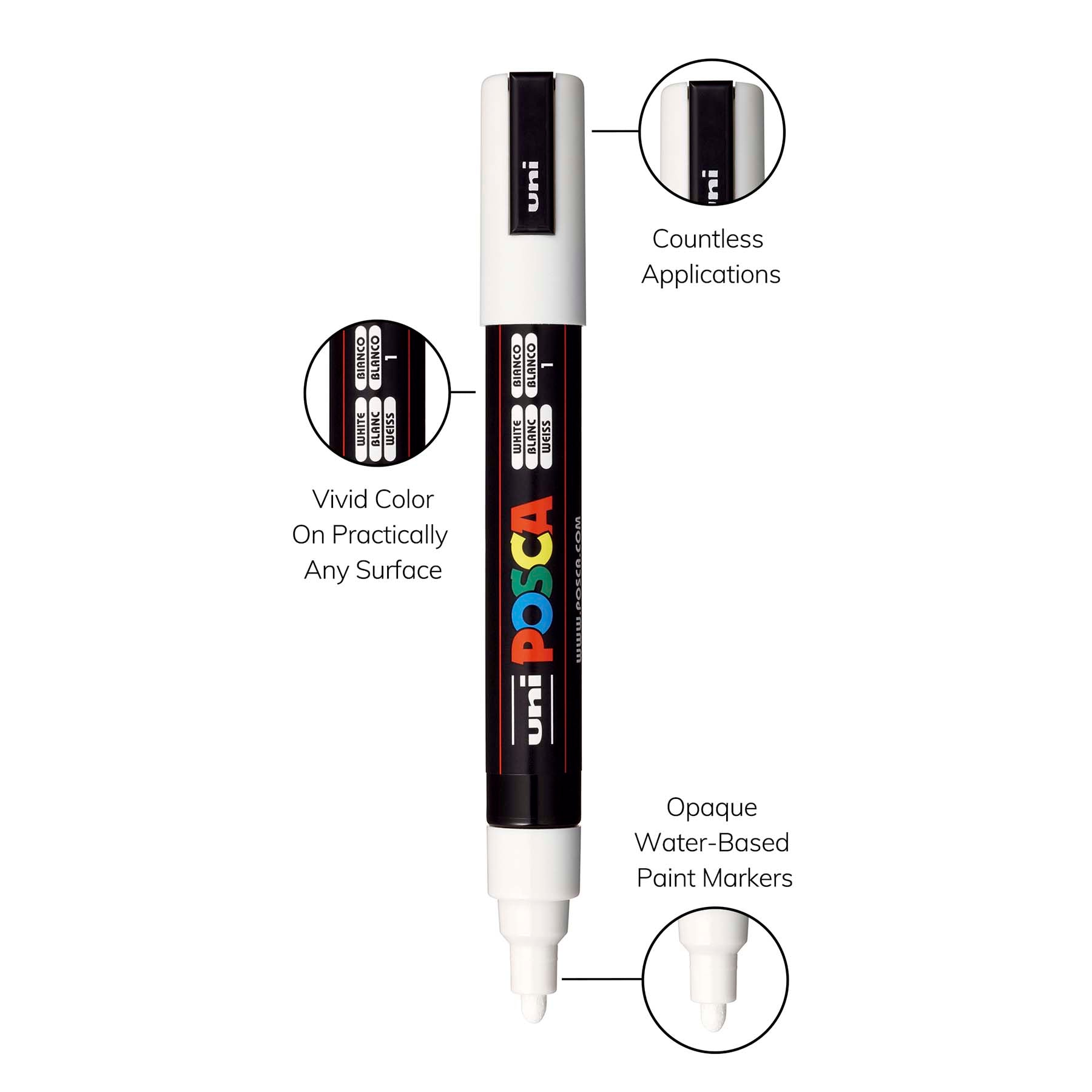 uni® POSCA PC-5M Water-Based Paint Markers, Reversible Medium Tip (1.8-2.5mm), White
