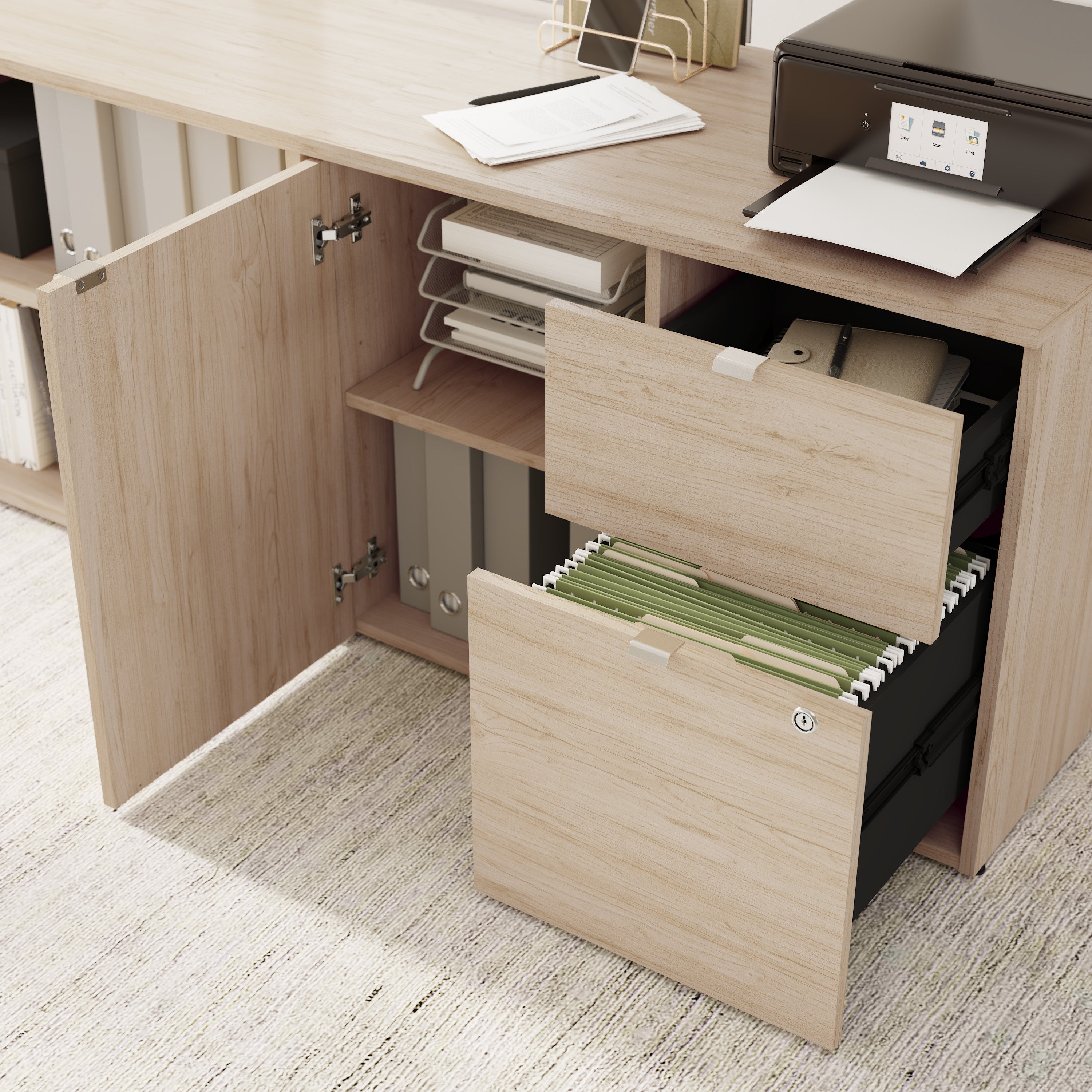 Bush Business Furniture Stratus&nbsp;72W x&nbsp;30D Electric Height Adjustable Standing Desk with Storage in Natural Elm with White Base - 71.02" Width x 29.37" Depth x 27.44" Height