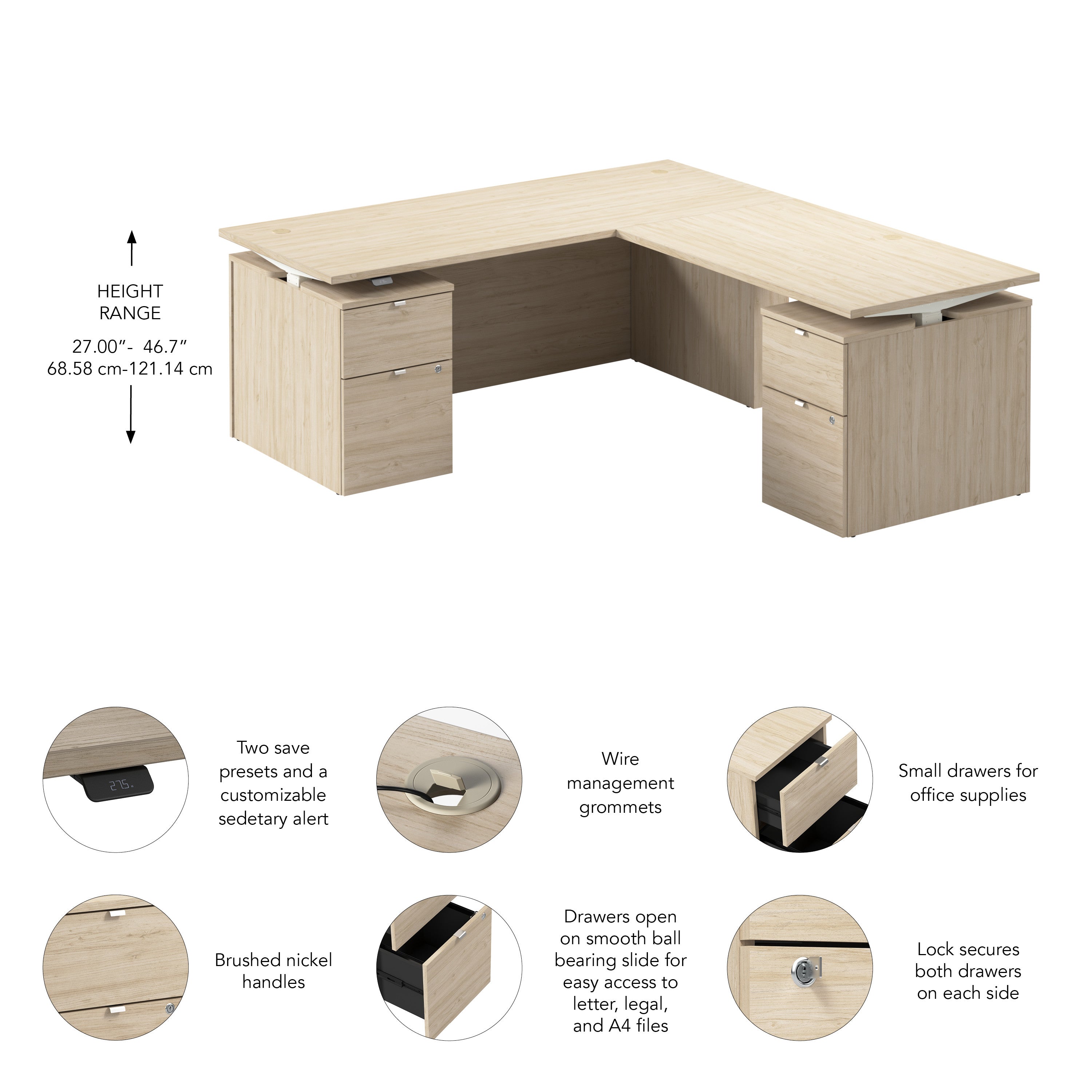 Bush Business Furniture Stratus&nbsp;72W x&nbsp;78D Height Adjustable L Shaped Standing Desk with Drawers in Natural Elm with White Base - 71.02" Width x 76.97" Depth x 27.44" Height