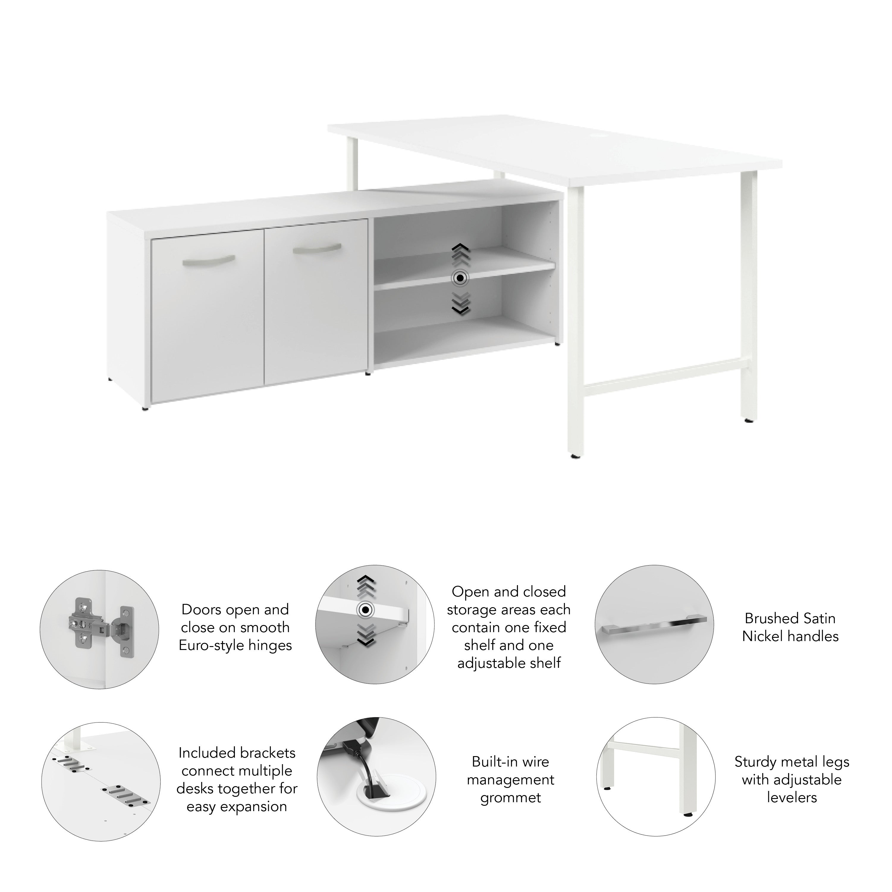 Bush Business Furniture Hustle 60W x 30D Computer Desk and Low Storage Cabinet with Doors and Shelves in White - 59.44" Width x 88.54" Depth x 30.07" Height