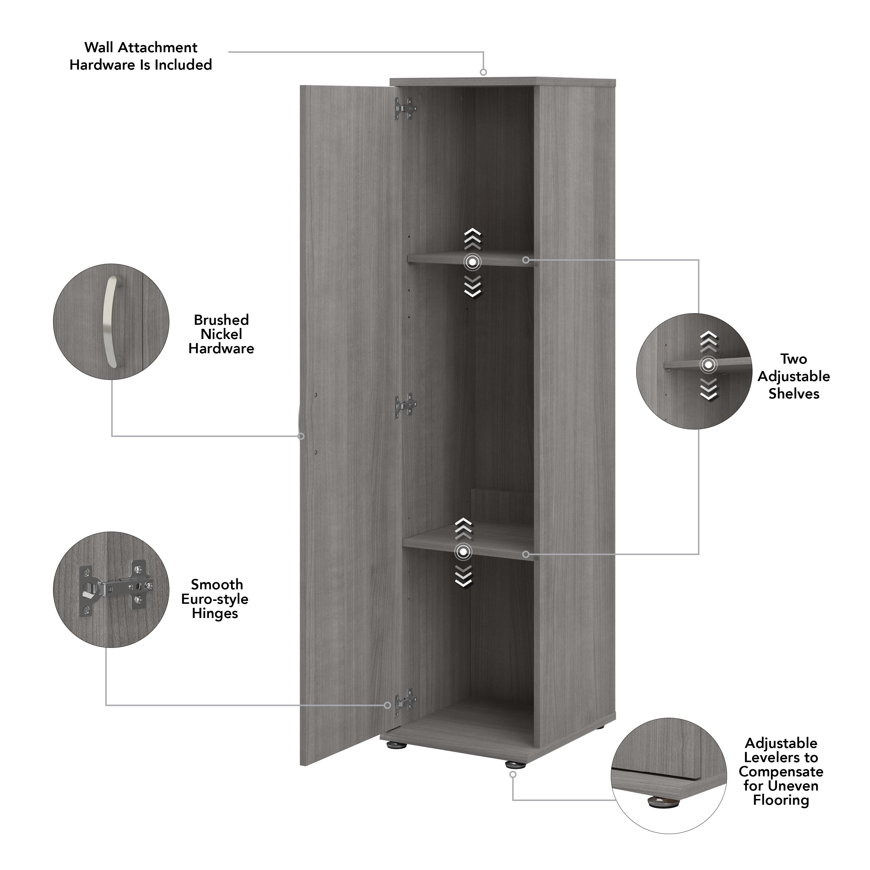 Bush Business Furniture Universal Tall Narrow Storage Cabinet with Door and Shelves in Platinum Gray - 15.67" Width x 17.2" Depth x 61.81" Height