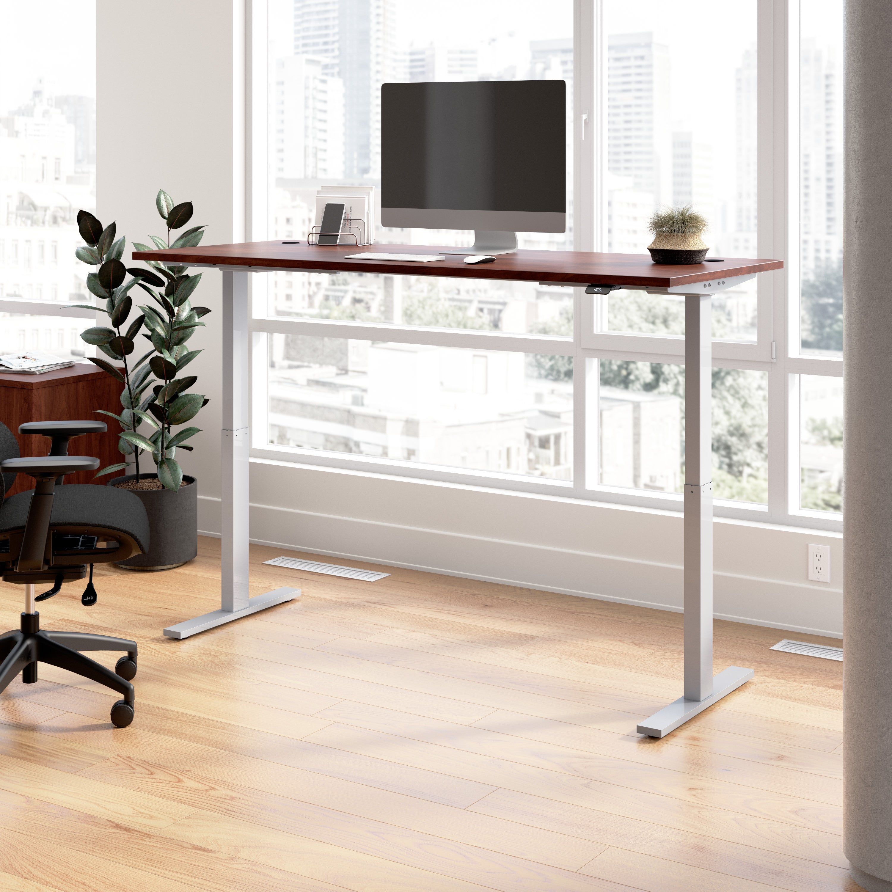 Bush Business Furniture Move 60 Series 72W x 30D Electric Height Adjustable Standing Desk in Hansen Cherry with Metallic Gray Base - 71.02" Width x 29.37" Depth x 47.69" Height