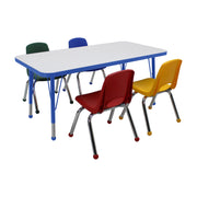 24" x 48" Rectangle Dry-Erase Activity Table with Standard Legs and 12" Stack Chairs with Ball Glides, 5-Piece Set - Whiteboard/Blue/Assorted
