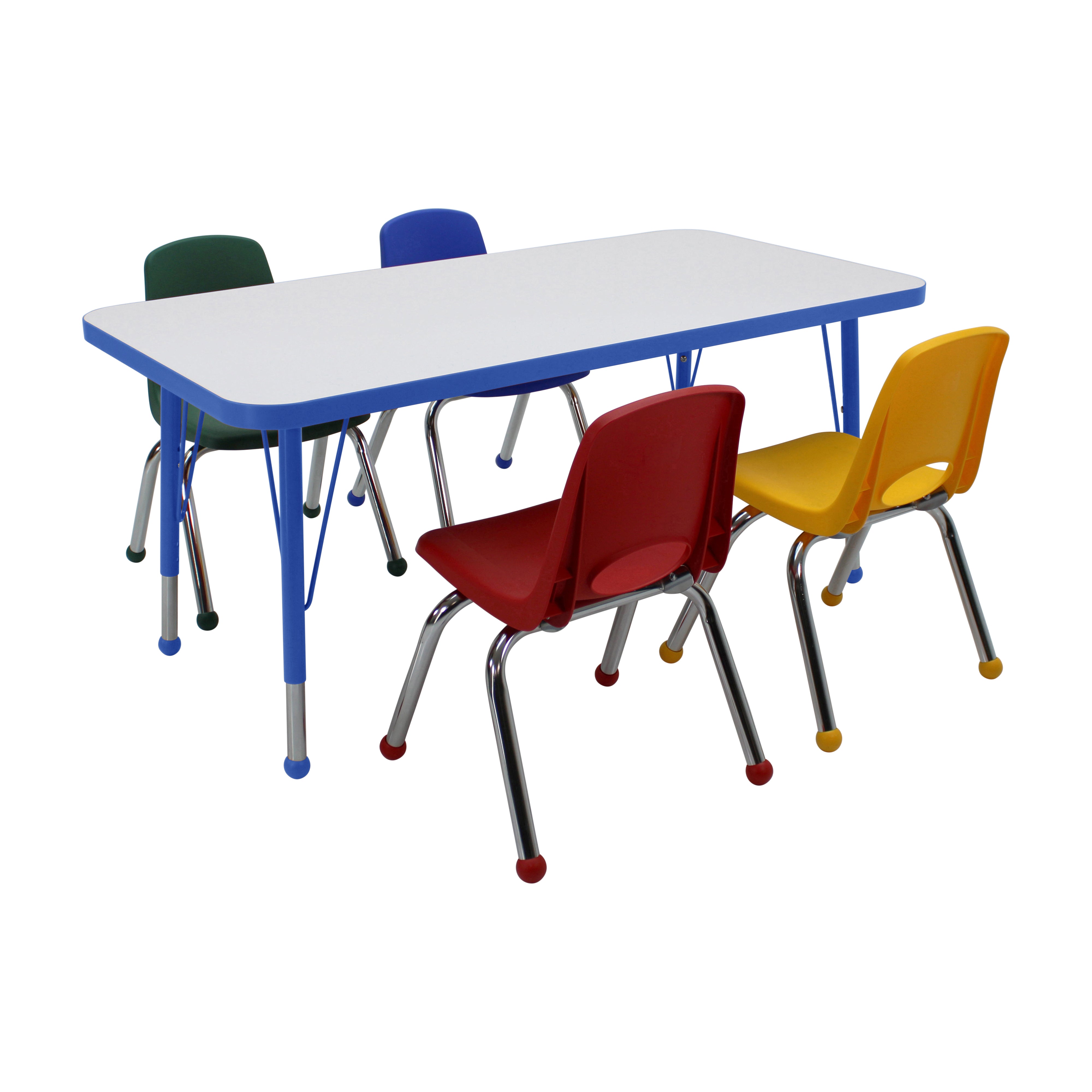 24" x 48" Rectangle Dry-Erase Activity Table with Standard Legs and 12" Stack Chairs with Ball Glides, 5-Piece Set - Whiteboard/Blue/Assorted