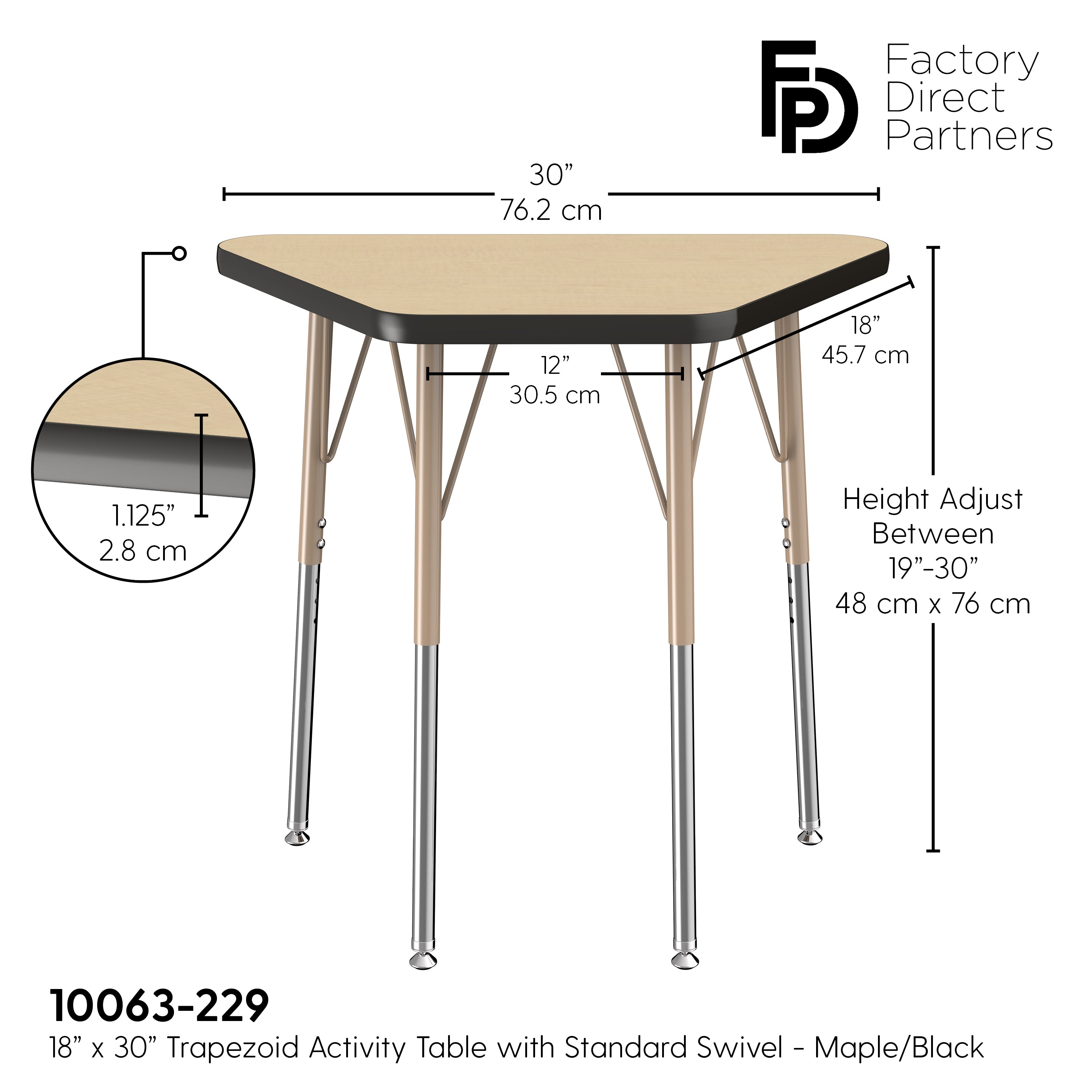 18" x 30" Trapezoid T-Molding Activity Table with Adjustable Standard Swivel Glide Legs - Maple/Black/Sand