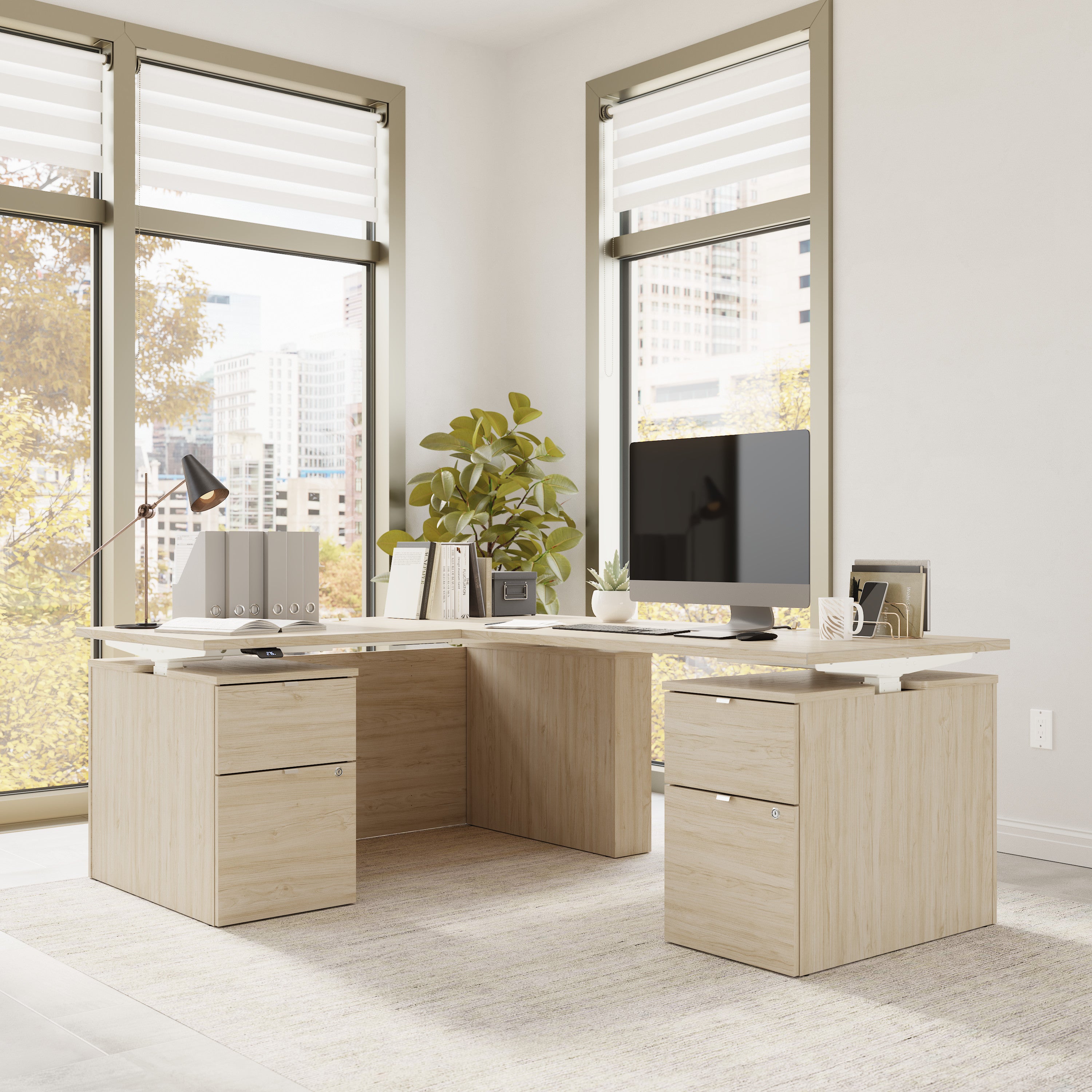 Bush Business Furniture Stratus&nbsp;60W x&nbsp;78D Height Adjustable L Shaped Standing Desk with Drawers in Natural Elm with White Base - 59.45" Width x 76.97" Depth x 27.44" Height