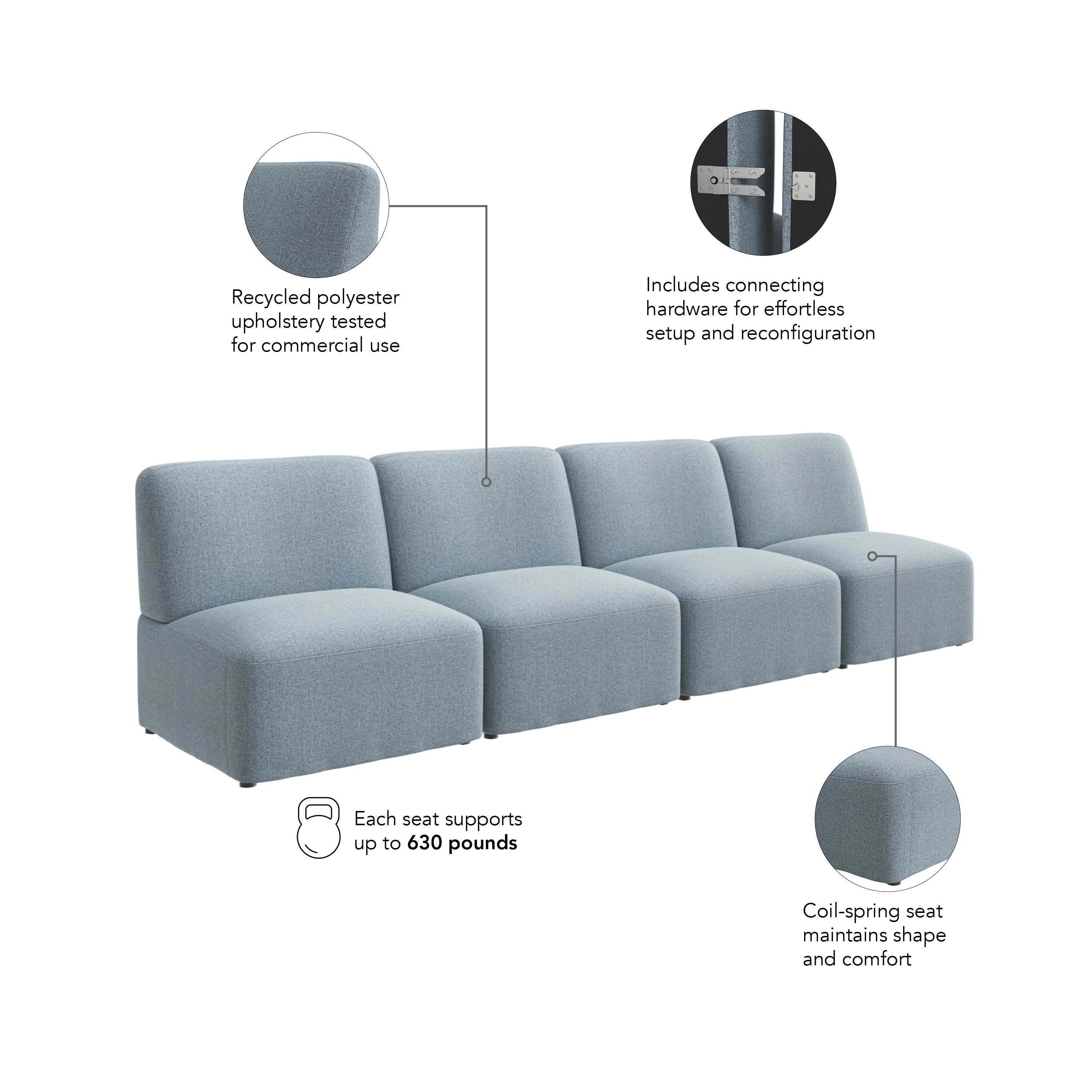 Bush Business Furniture Assemble Modular 4 Seater Sectional Lounge Sofa in Mist Fabric - 119.68" Width x 30.51" Depth x 29.92" Height