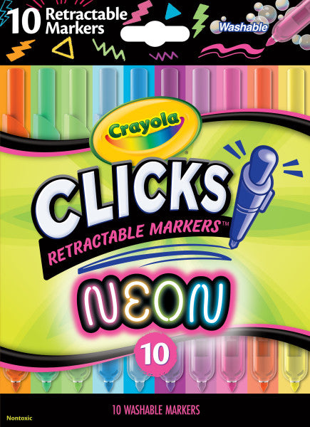 Crayola Clicks Retractable Tip Neon Markers (10ct), No Drying Washable Art Marker Set, Coloring Markers for Kids, Gifts for Boys & Girls, 3+