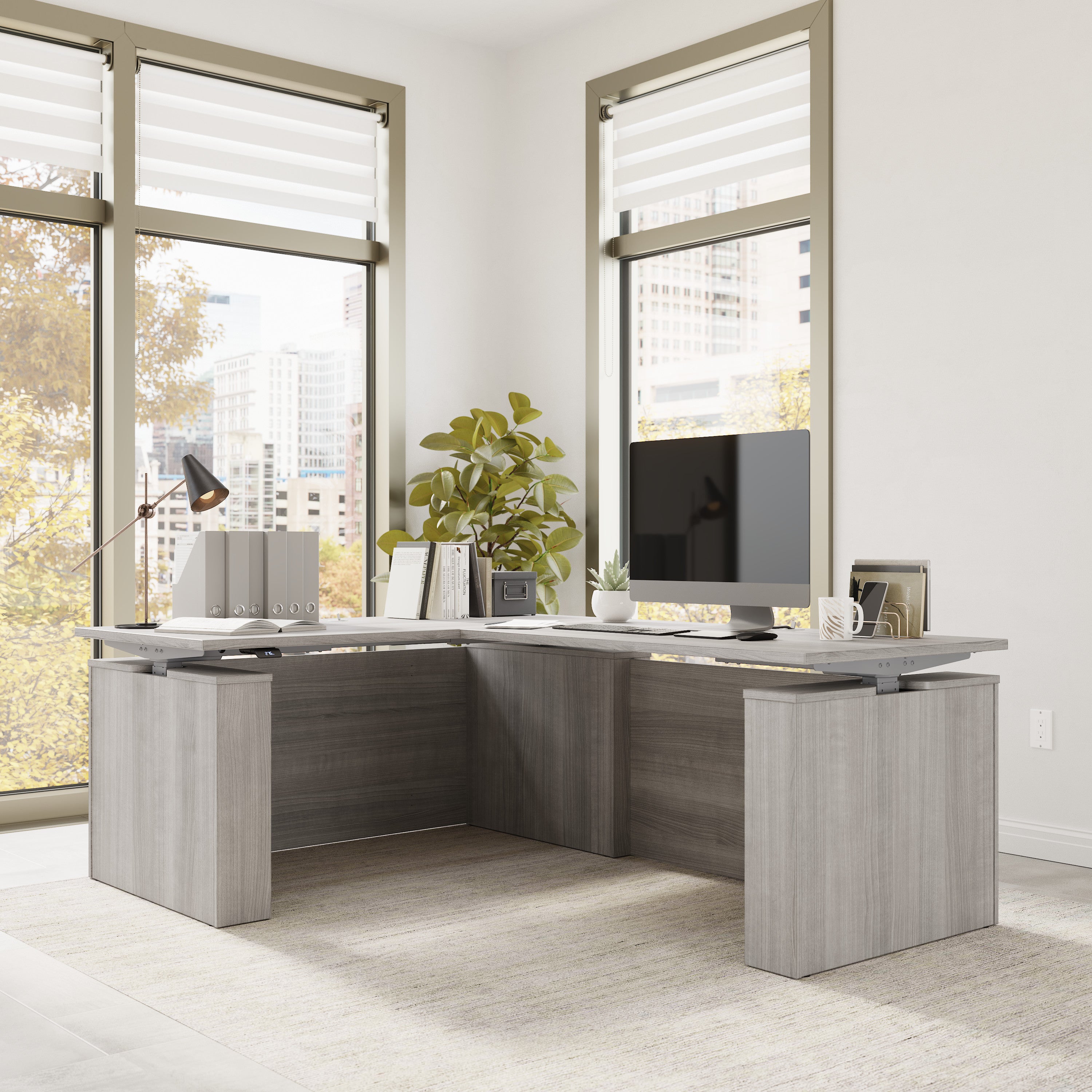 Bush Business Furniture Stratus&nbsp;60W x&nbsp;78D Electric Height Adjustable L Shaped Standing Desk in Platinum Gray with Metallic Gray Base - 59.45" Width x 76.97" Depth x 27.44" Height