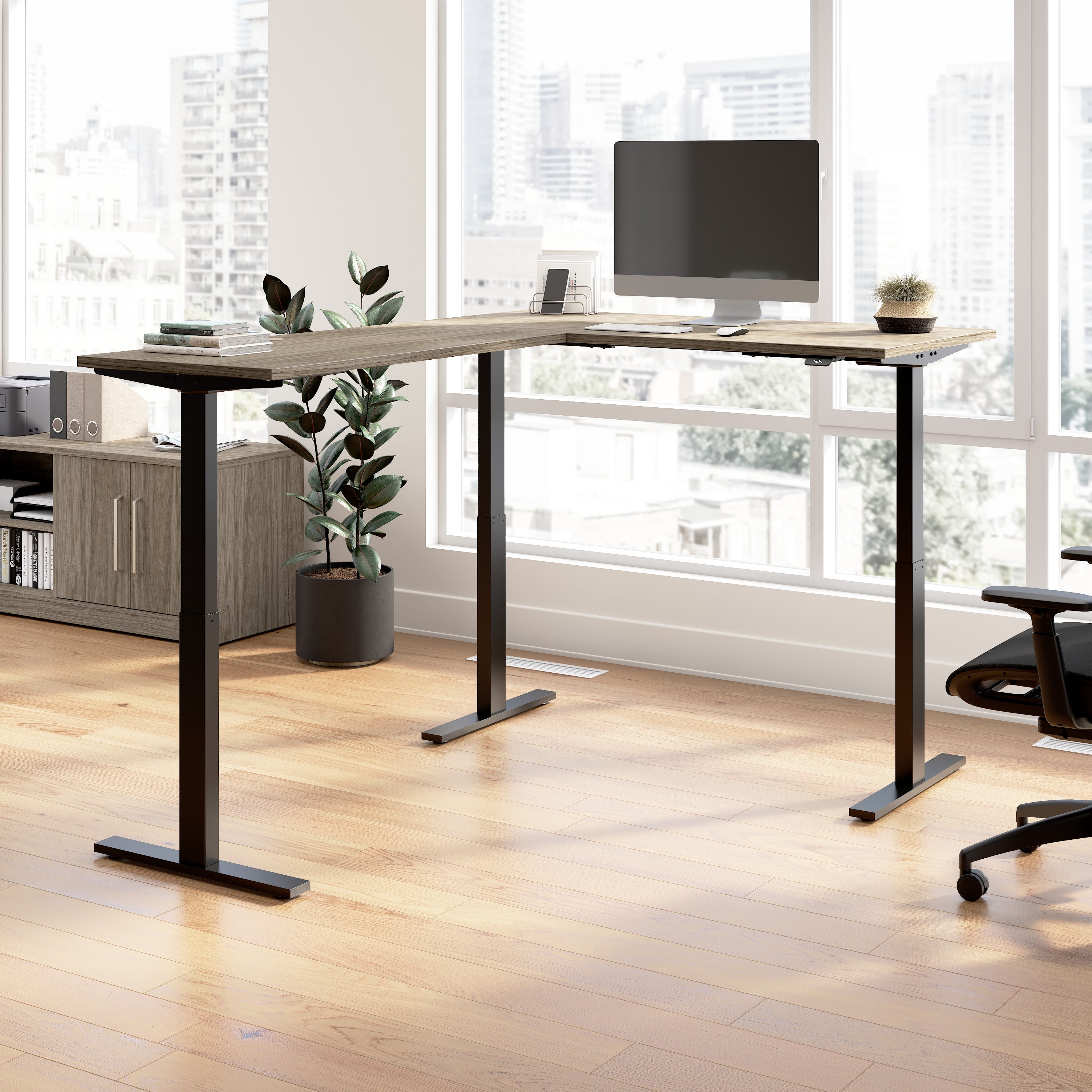 Bush Business Furniture Move 60 Series 60W Height Adjustable L Shaped Standing Desk in Modern Hickory with Black Base - 59.45" Width x 76.97" Depth x 27.44" Height