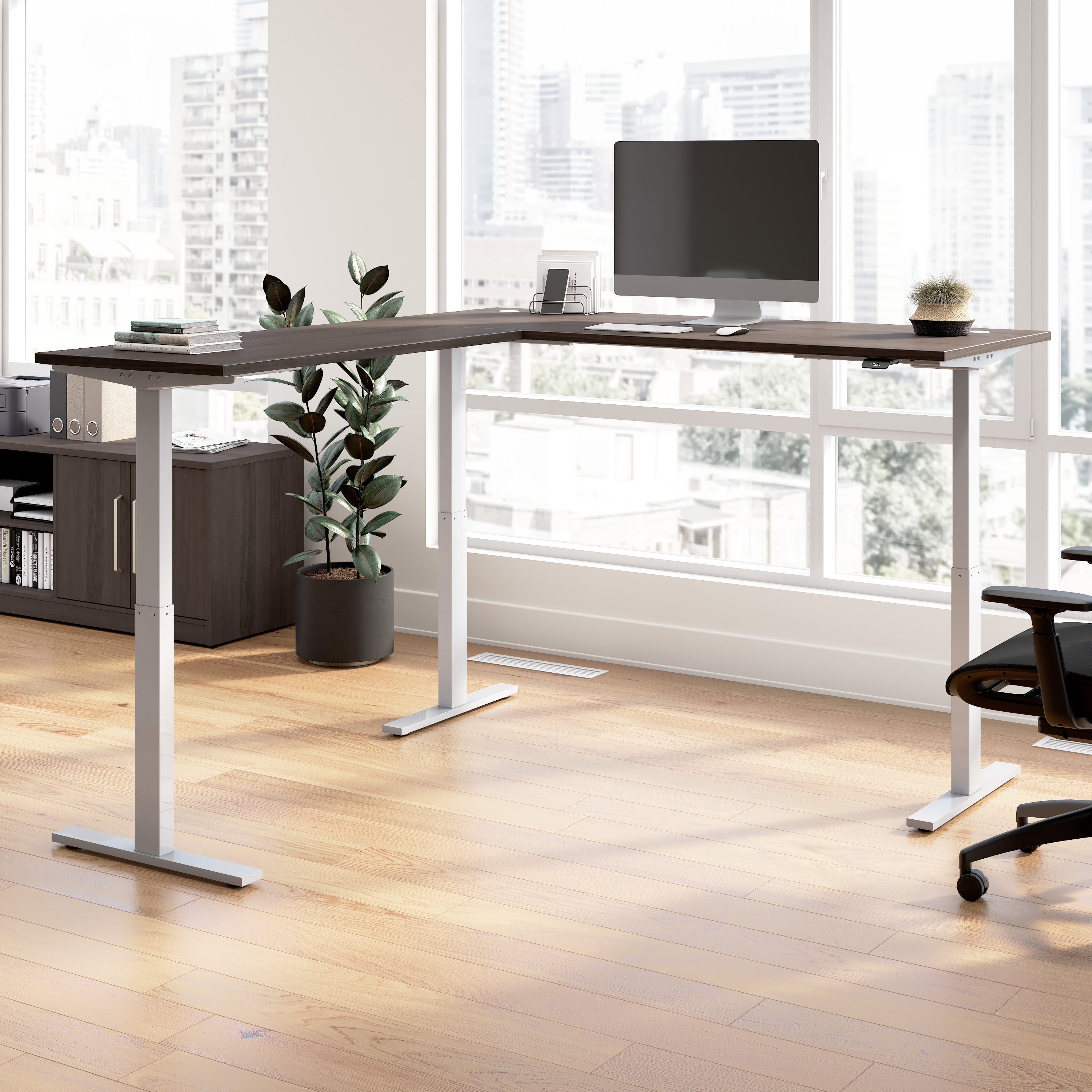 Bush Business Furniture Move 60 Series 72W Height Adjustable L Shaped Standing Desk in Storm Gray with Metallic Gray Base - 71.02" Width x 76.97" Depth x 27.44" Height