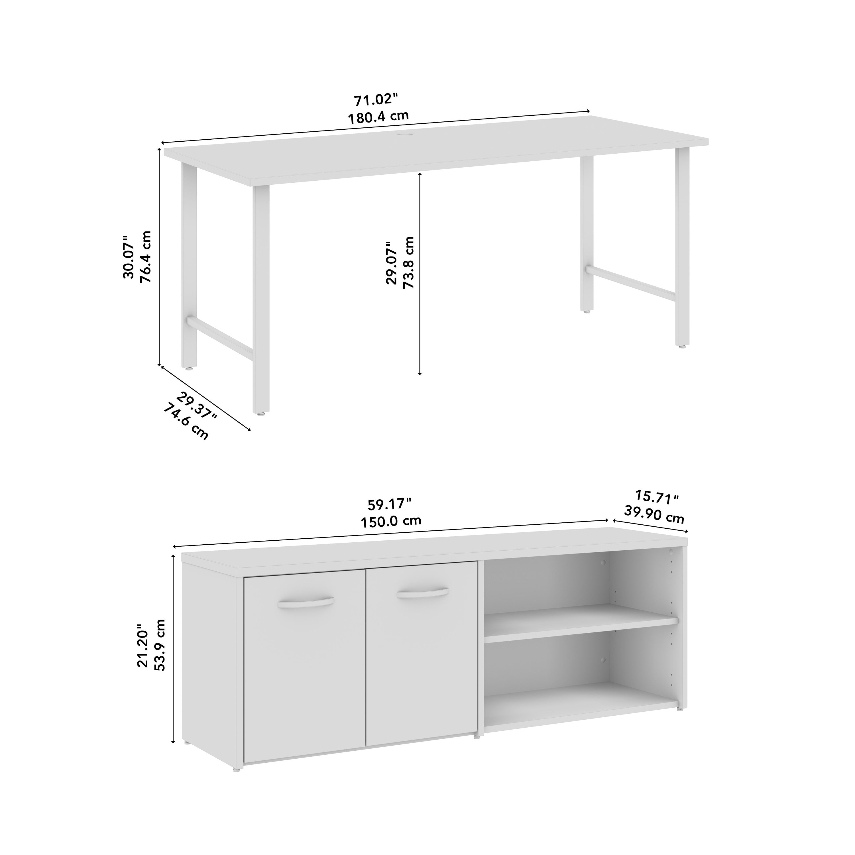 Bush Business Furniture Hustle 72W x 30D Computer Desk and Low Storage Cabinet with Doors and Shelves in White - 71.02" Width x 88.54" Depth x 30.07" Height