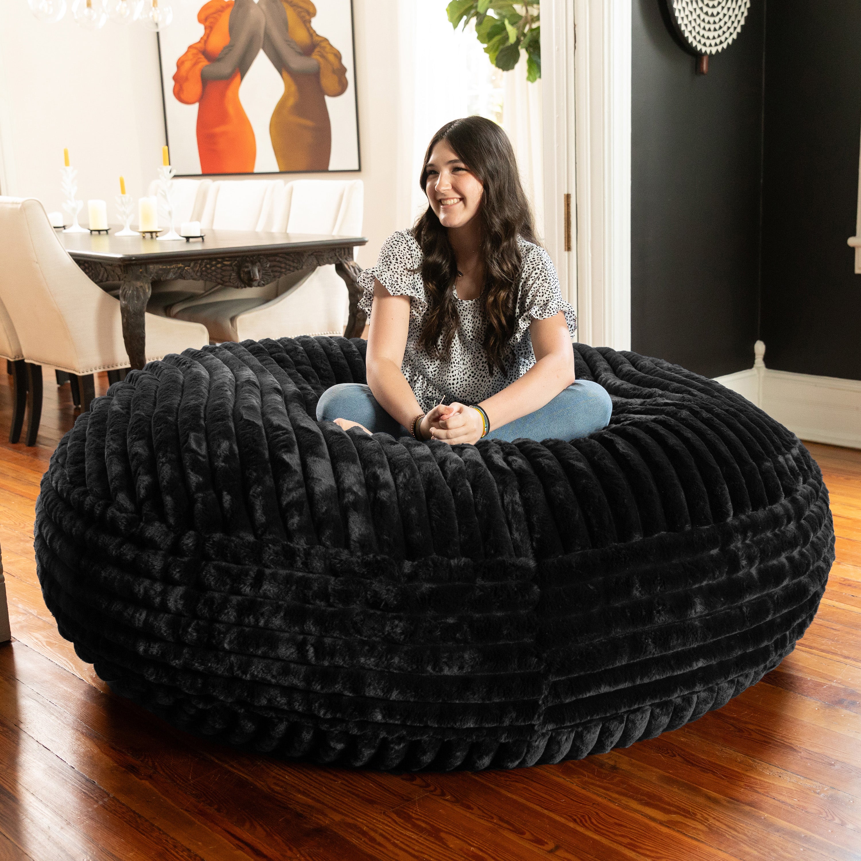Jaxx 6 Foot Cocoon - Large Bean Bag Chair for Adults, Premium Luxe Faux Fur - Mondo Black