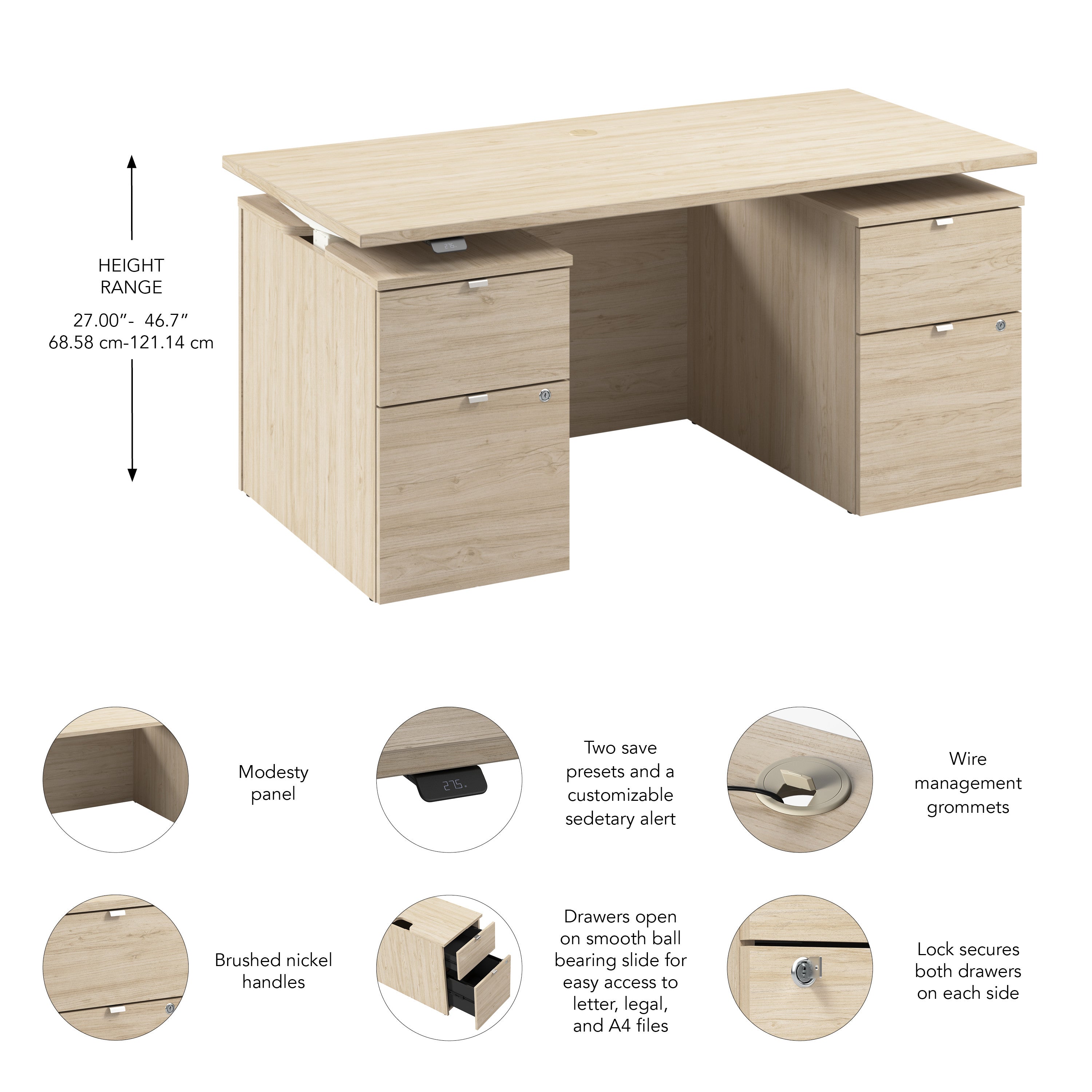 Bush Business Furniture Stratus&nbsp;60W x&nbsp;30D Electric Standing Desk with Drawers and Modesty Panel in Natural Elm with White Base - 59.45" Width x 29.37" Depth x 27.44" Height