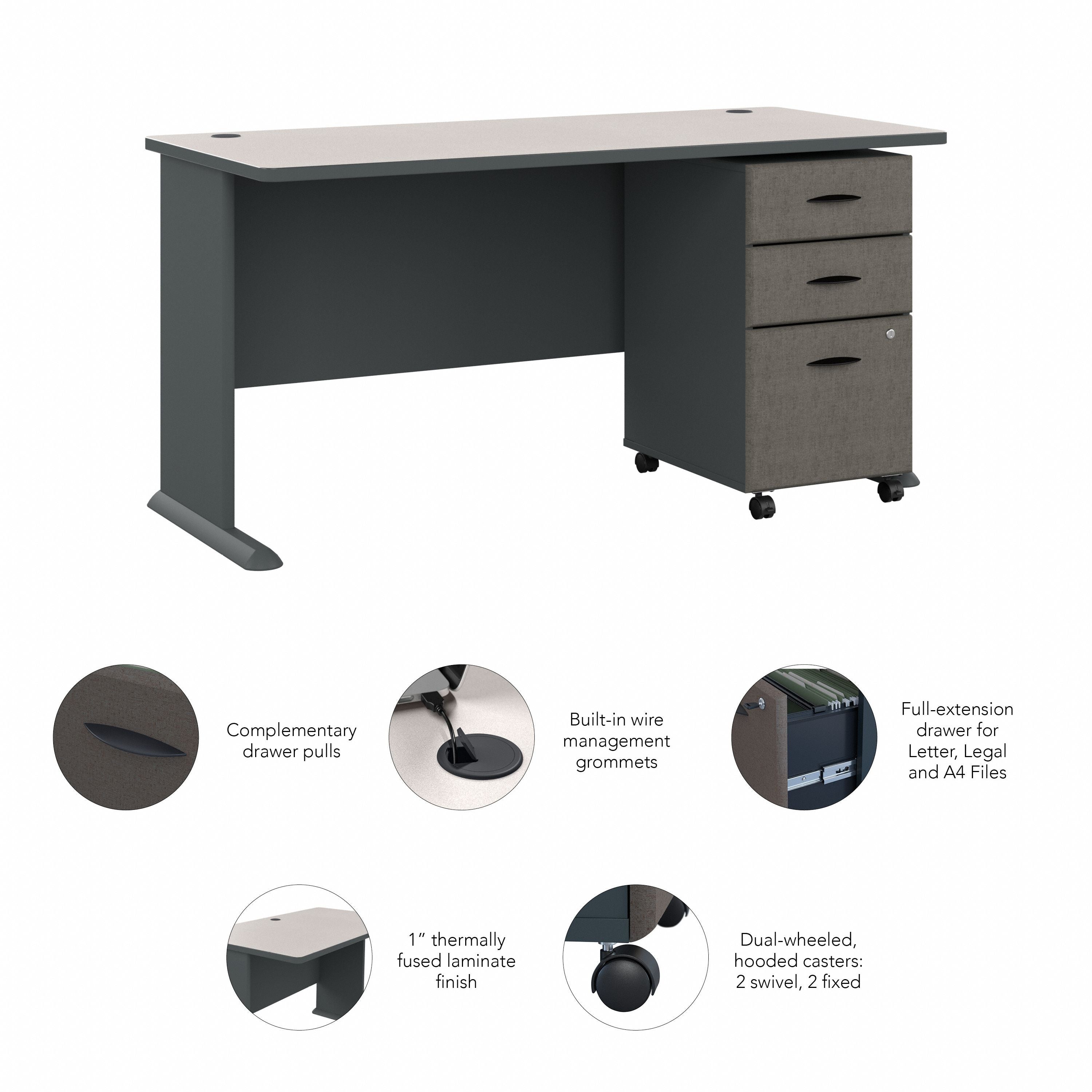 Bush Business Furniture Series A 60W Desk with Mobile File Cabinet in Slate and White Spectrum - 59.57" Width x 26.81" Depth x 29.66" Height
