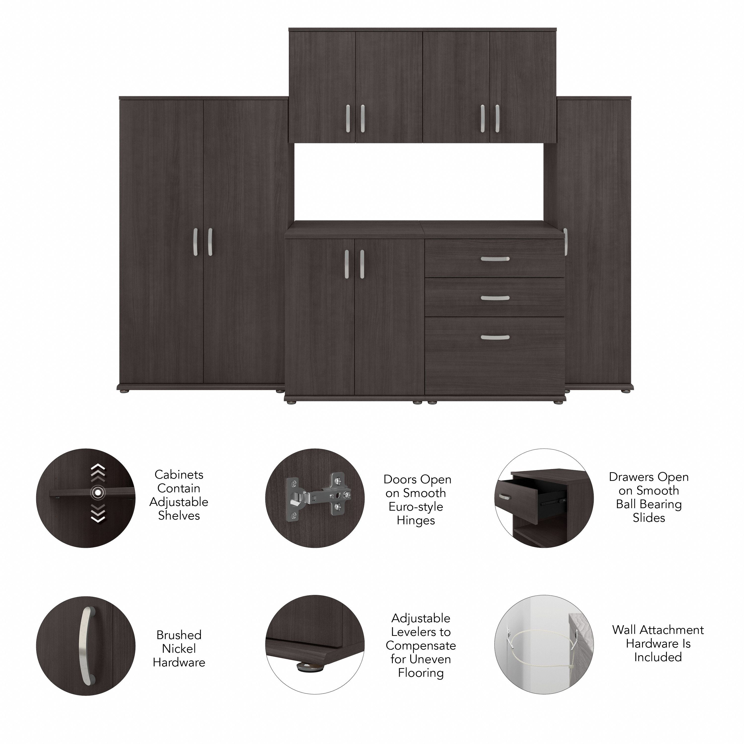 Bush Business Furniture Universal 108W 6 Piece Modular Storage Set with Floor and Wall Cabinets in Storm Gray - 108.08" Width x 24.69" Depth x 61.81" Height