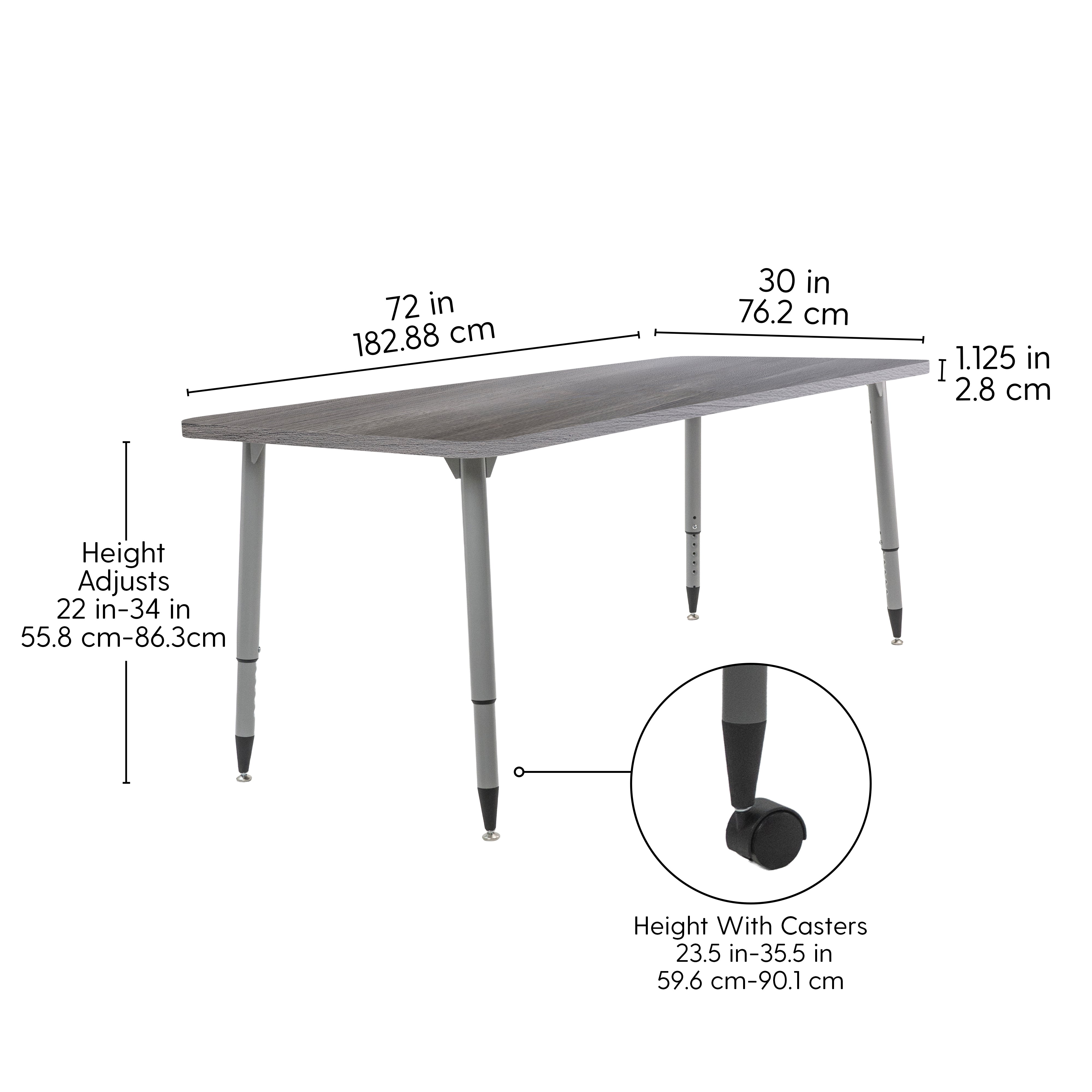 Adapte 30" x 72" Rectangle Woodgrain Activity Table with Adjustable Tapered Legs - Gray Wood/Silver