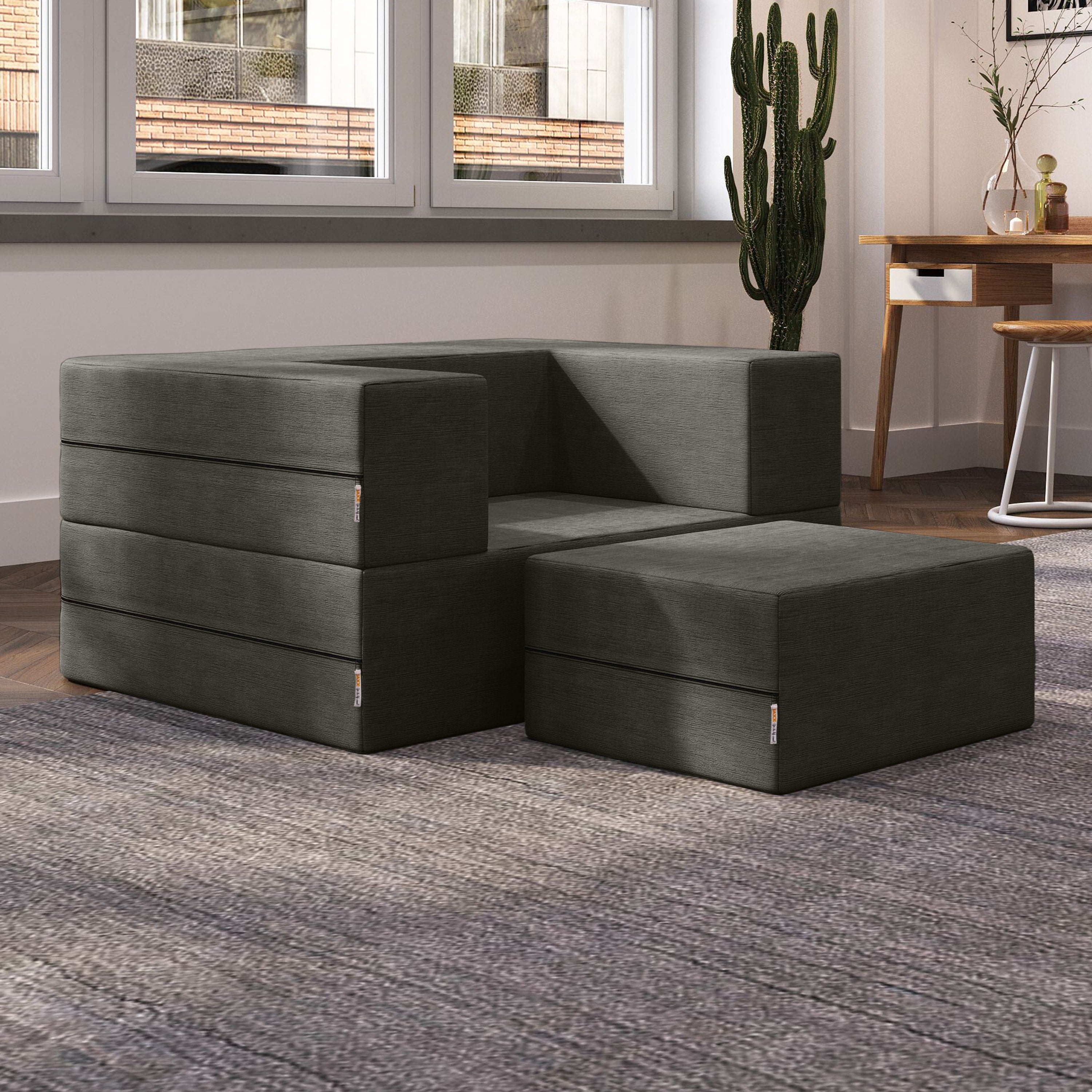 Jaxx Zipline Convertible Sleeper Futon Chair & Ottoman with Machine-Washable Cover, Charcoal