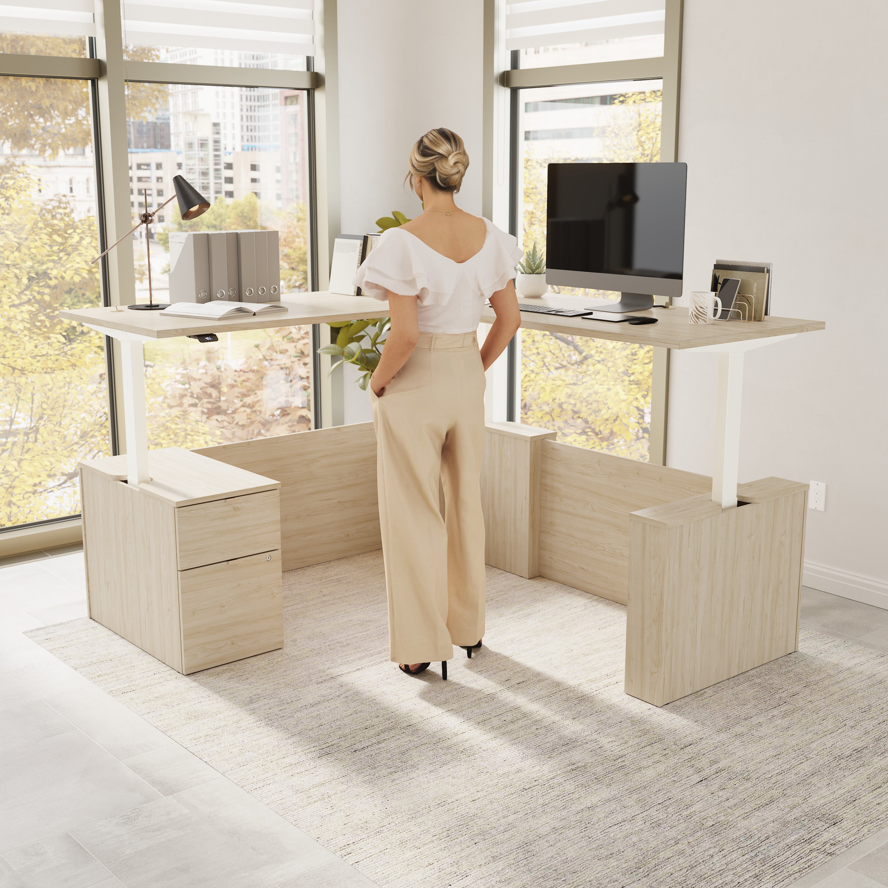 Bush Business Furniture Stratus&nbsp;72W x&nbsp;78D Height Adjustable L Shaped Standing Desk with File Cabinet in Natural Elm with White Base - 71.02" Width x 76.97" Depth x 27.44" Height