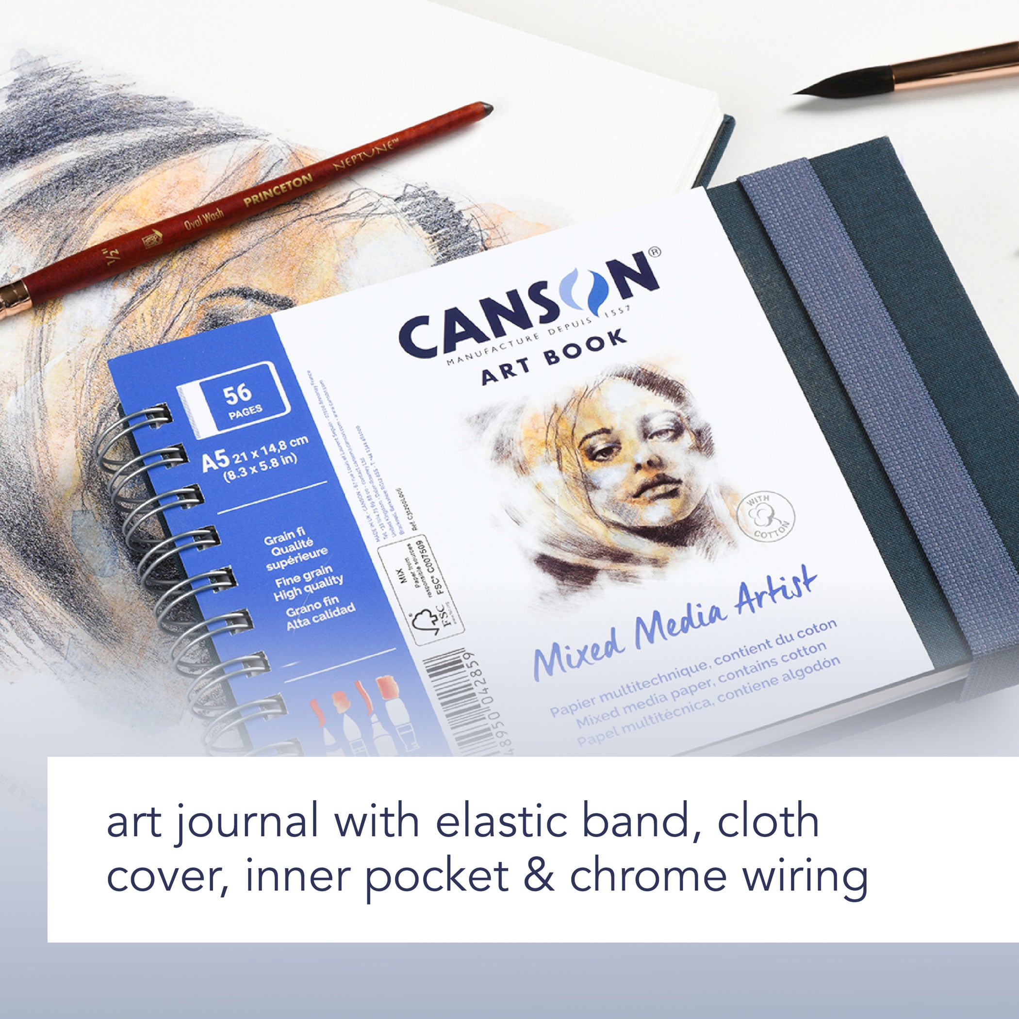 Artist Series Mixed Media Art Book, Fabric Cover, Side Wire Binding, 56 Sheet, 8.3x5.8 inch