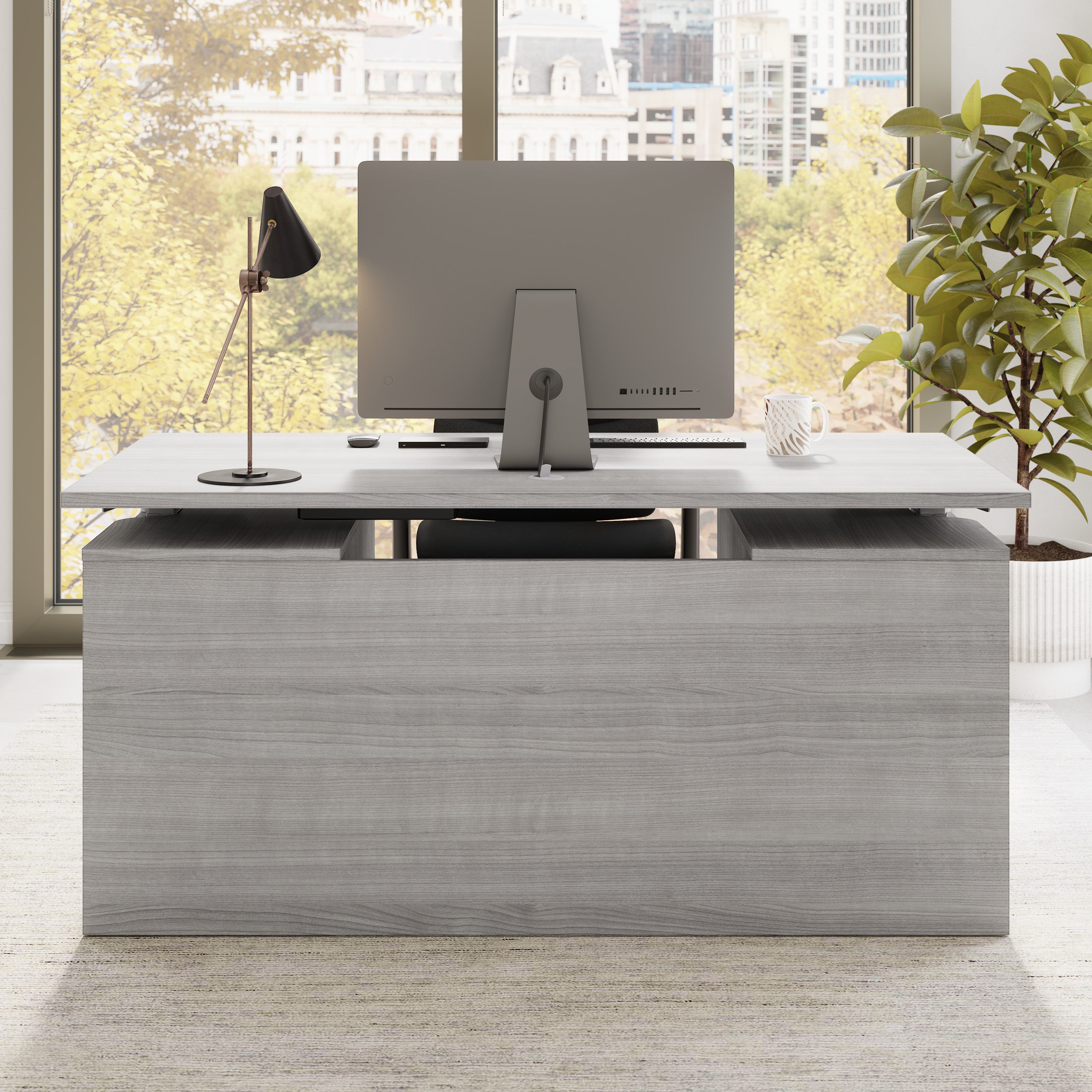 Bush Business Furniture Stratus&nbsp;60W x&nbsp;30D Electric Height Adjustable Standing Desk with Modesty Panel in Platinum Gray with Metallic Gray Base - 59.45" Width x 29.37" Depth x 27.44" Height