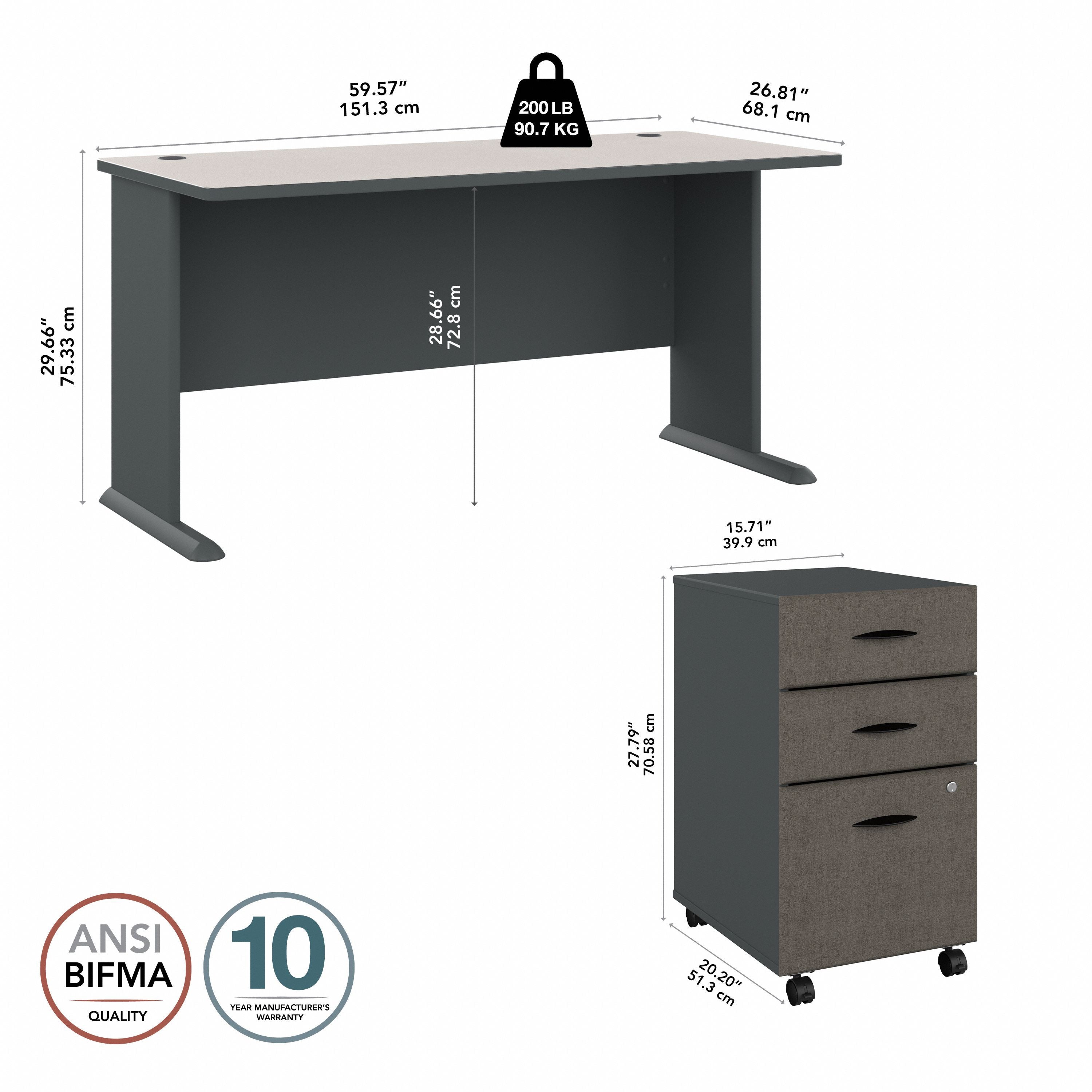 Bush Business Furniture Series A 60W Desk with Mobile File Cabinet in Slate and White Spectrum - 59.57" Width x 26.81" Depth x 29.66" Height