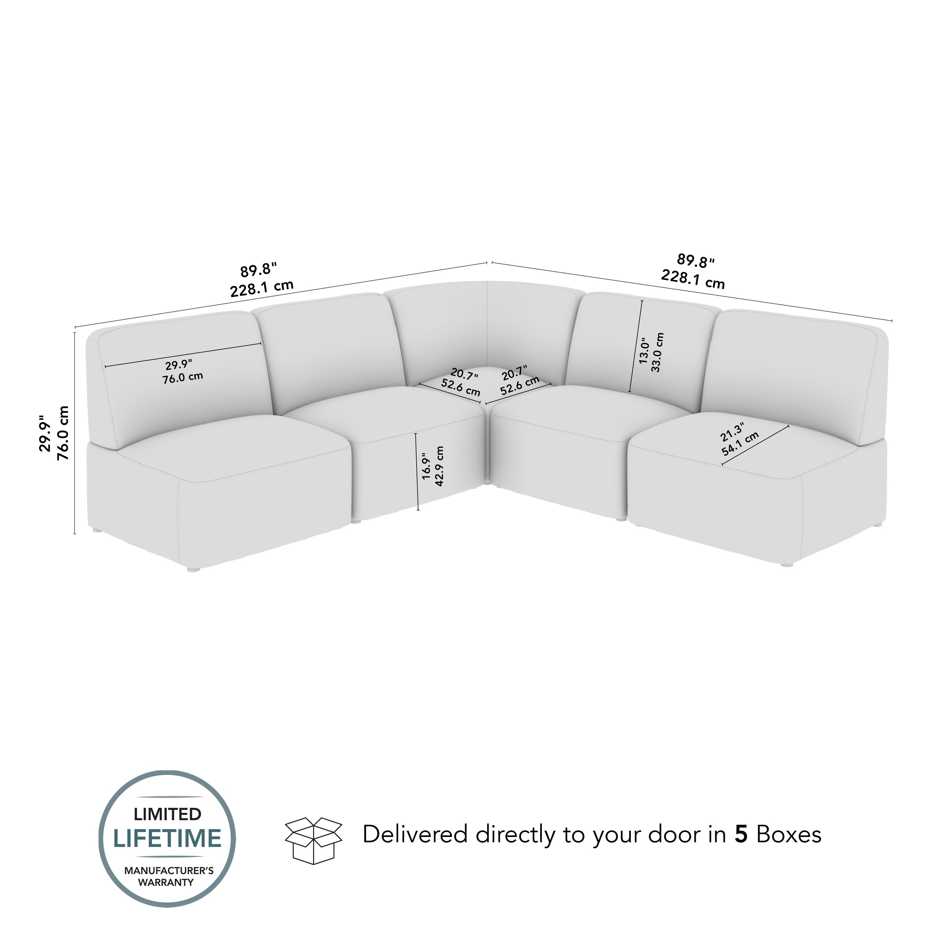 Bush Business Furniture Assemble Modular 5 Seater L Shaped Sectional Lounge Sofa in Oat Fabric - 89.76" Width x 89.76" Depth x 29.92" Height