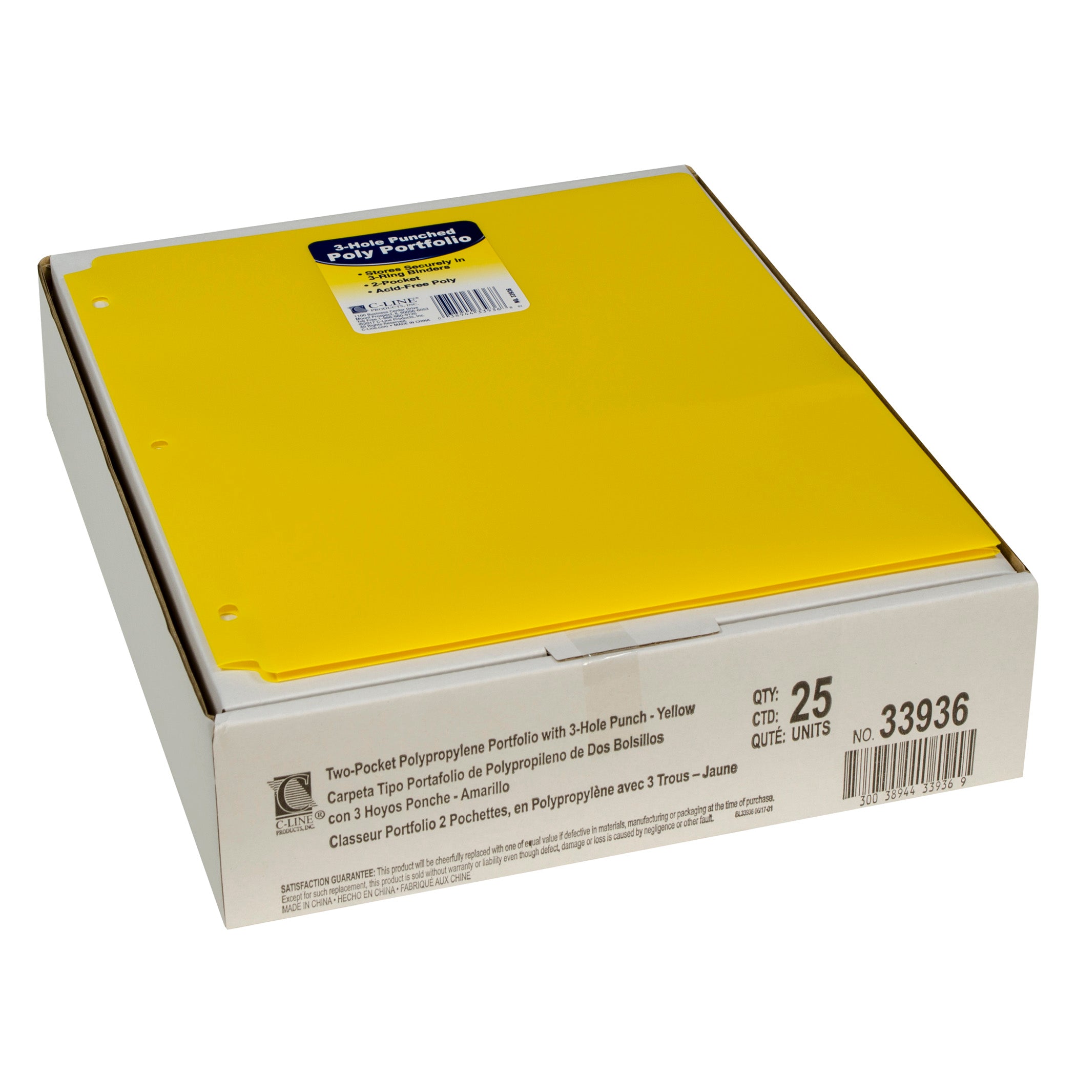 Two-Pocket Heavyweight Poly Portfolio Folder with Three-Hole Punch, Yellow, Each