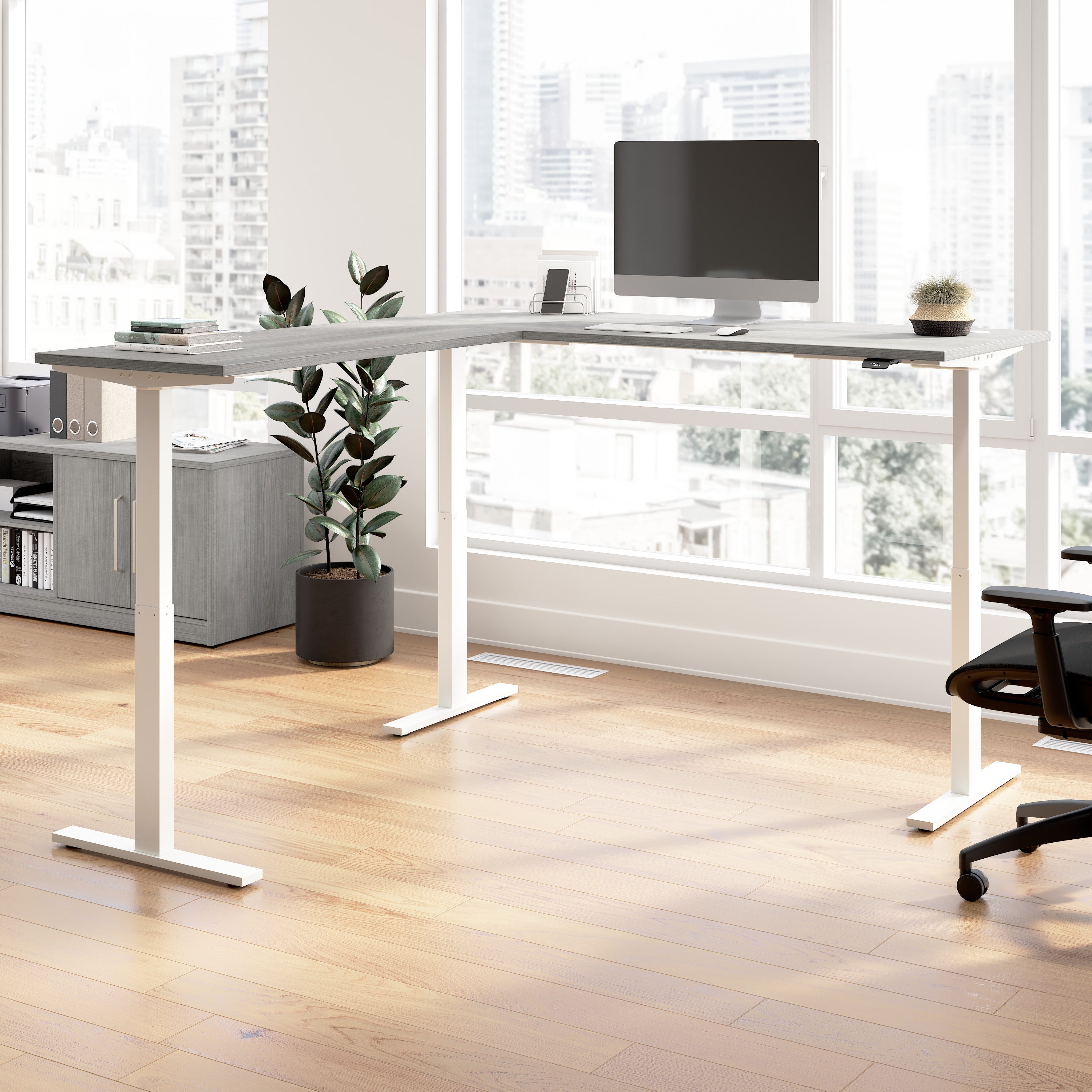 Bush Business Furniture Move 60 Series 72W Height Adjustable L Shaped Standing Desk in Platinum Gray with White Base - 71.02" Width x 76.97" Depth x 27.44" Height