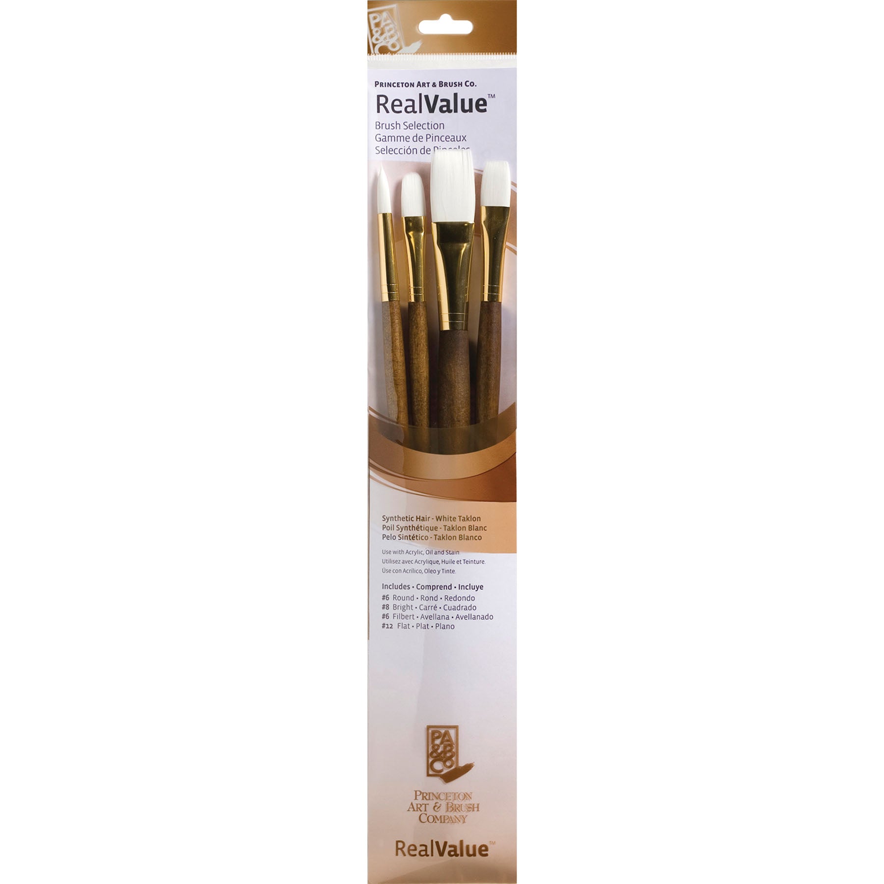RealValue Brush Set, White Taklon Bristles, Long Handle Mixed Media Paintbrush, Brown, 4 Pieces