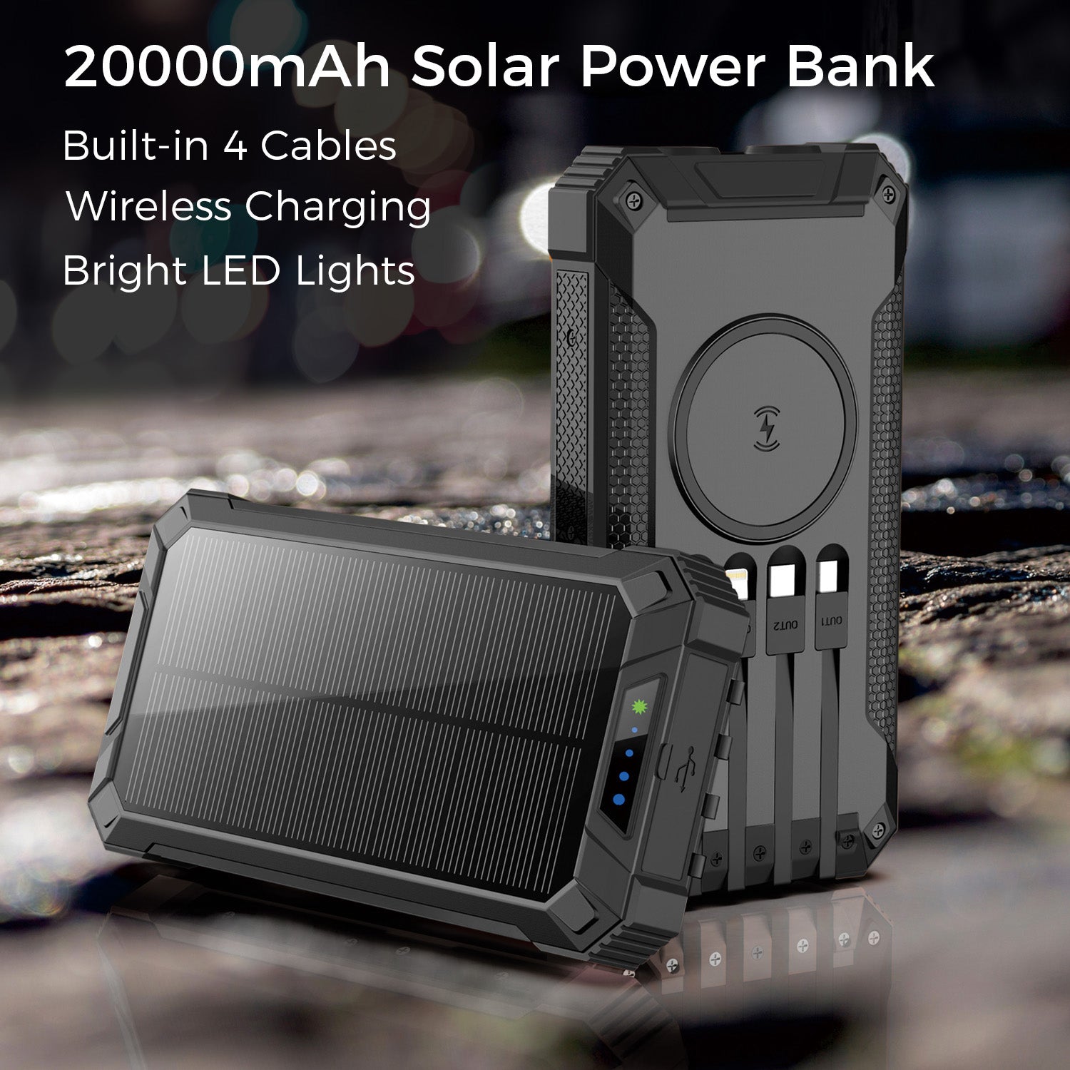 20000mAh Solar Power Bank with Wireless Charging and Built-in Cables, Black