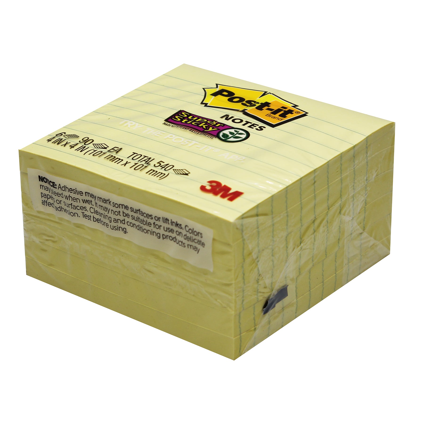 Super Sticky Notes, 4" x 4", Canary Yellow, Lined, 90 Sheets Per Pad, 6 Pads