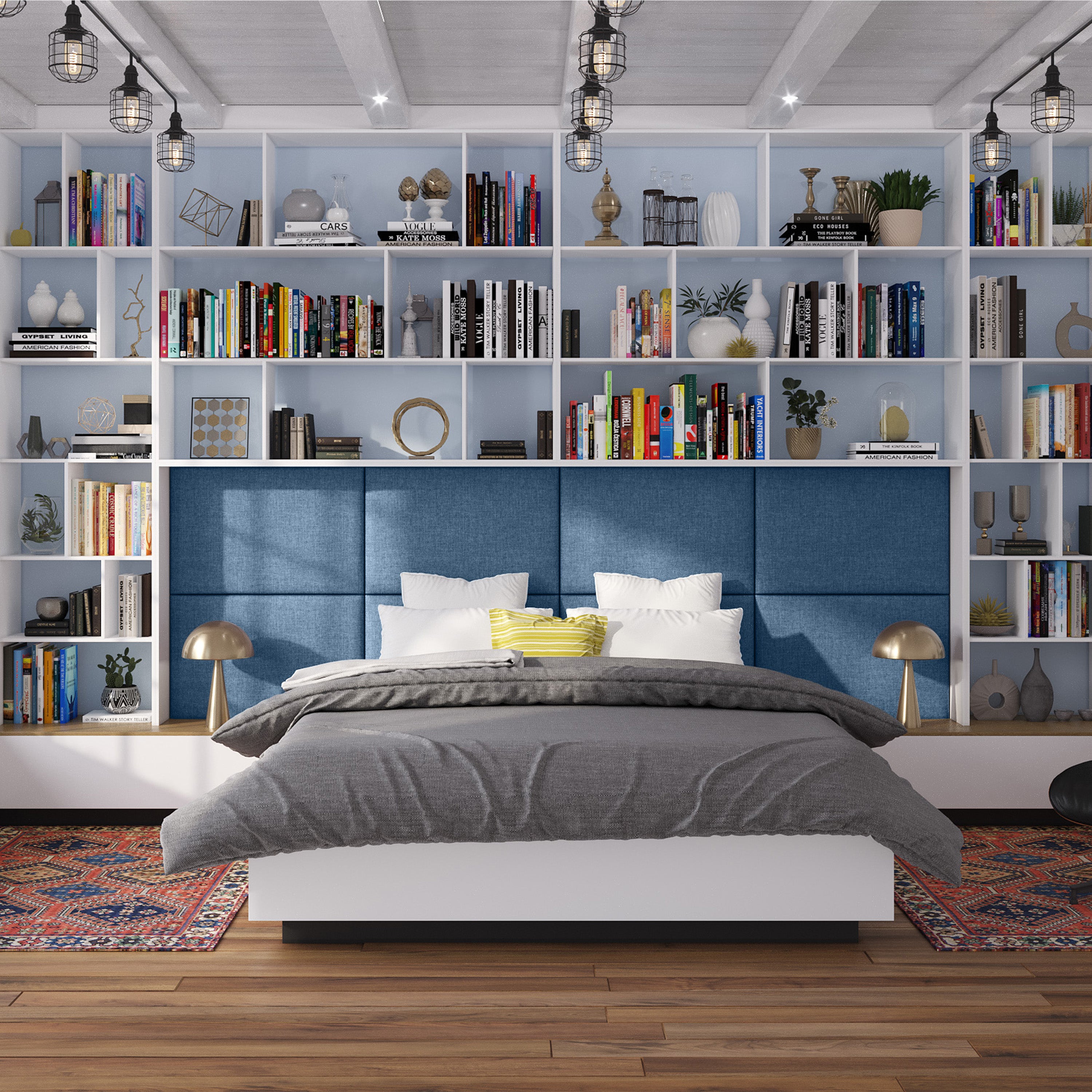 Jaxx Panelist Modern Padded Headboard- Set of 2 Wall Mounted Panels (Each 22.5" x 30")- Queen Double Tall, Microvelvet Petrol Blue